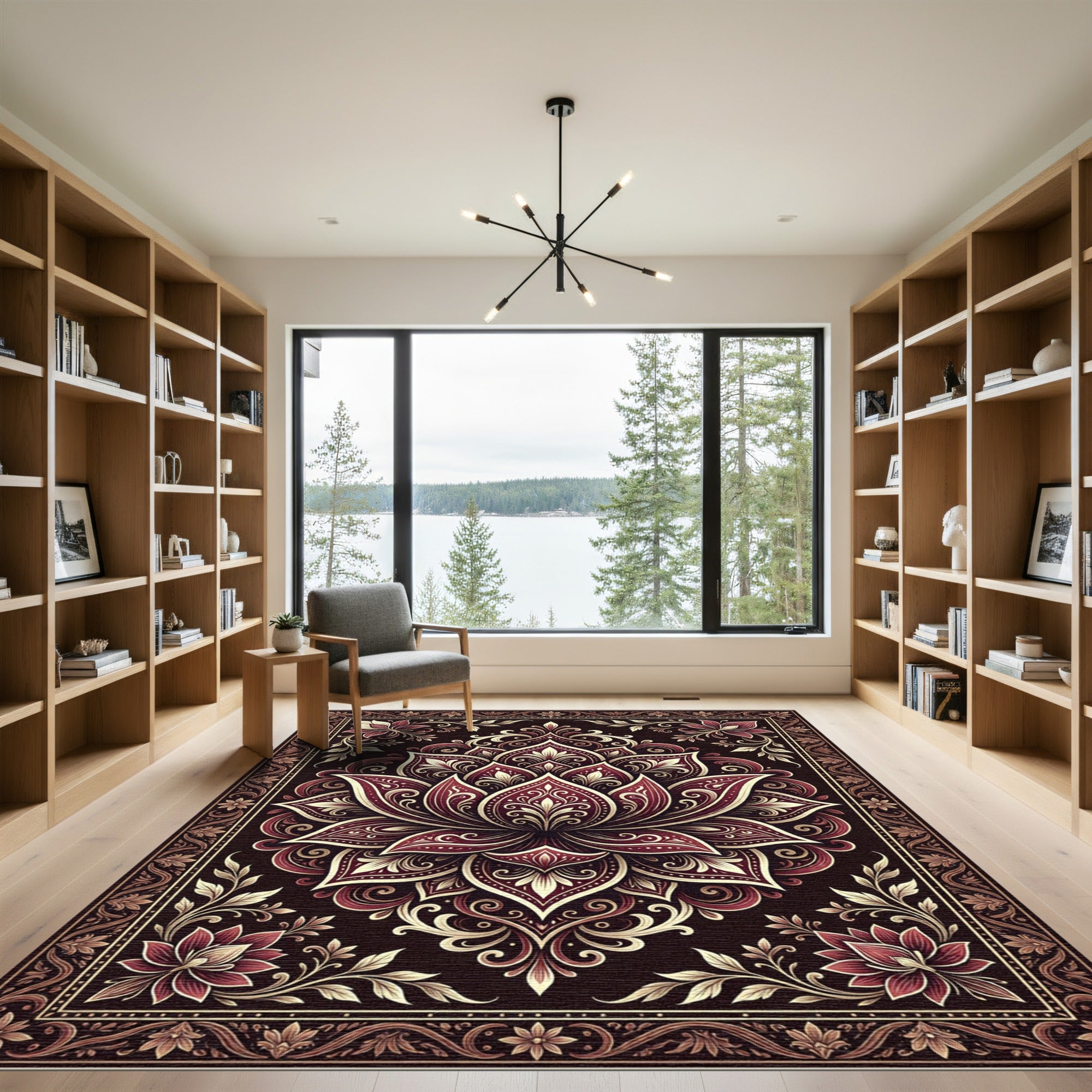 Rich Burgundy Damask Floral Scroll Rug