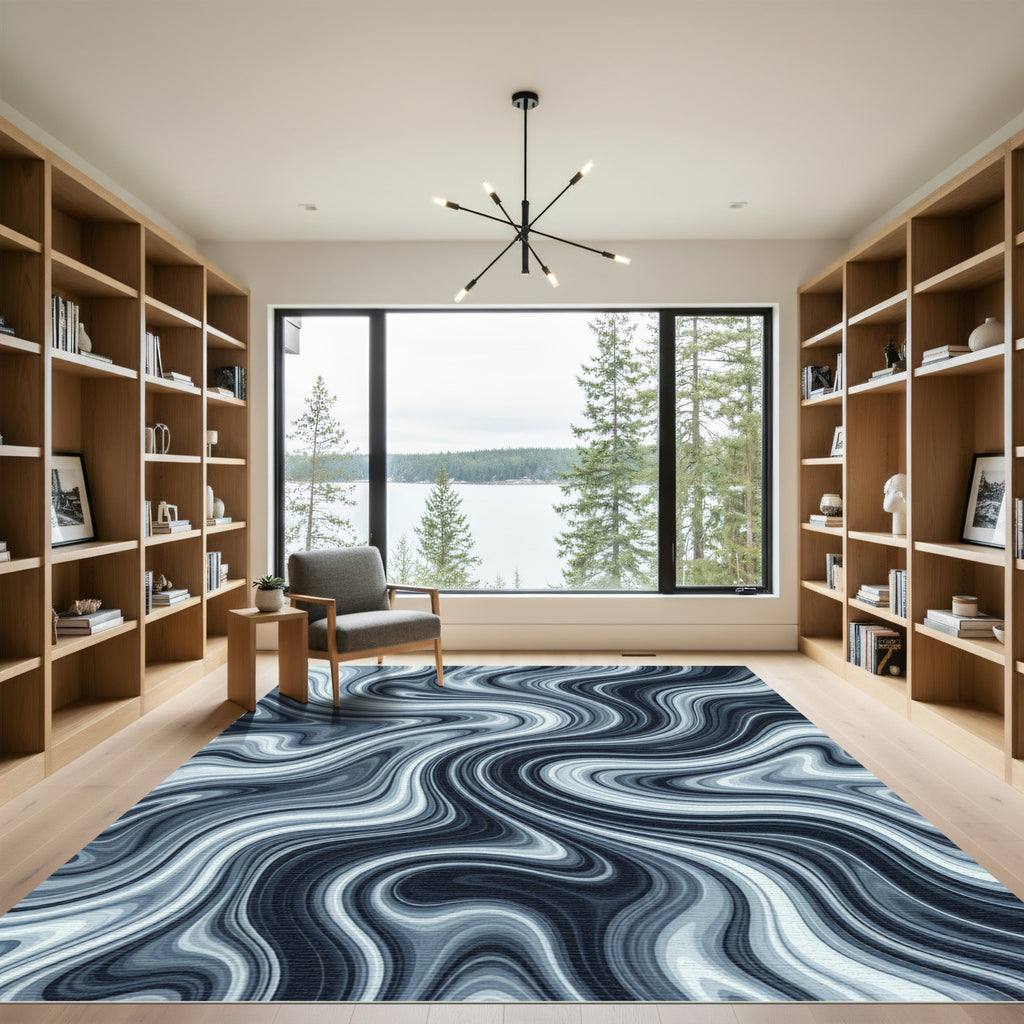 Modern Monochrome Abstract Swirling Marble Rug