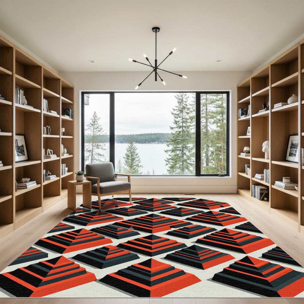 Modern Red Black Stepped Pyramid Rug