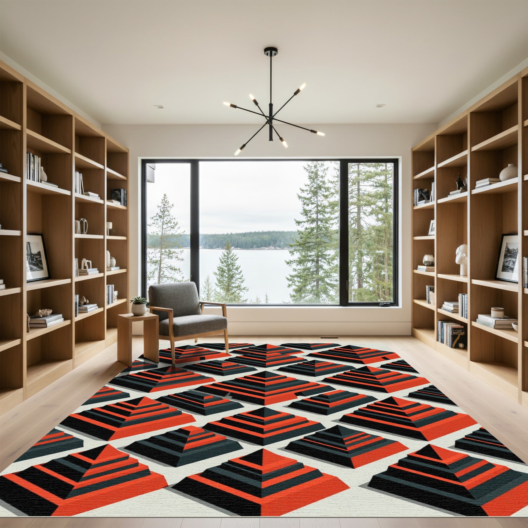 Modern Red Black Stepped Pyramid Rug