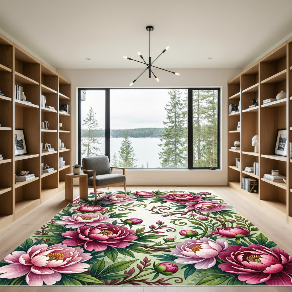 Romantic Pink Peony Floral Garden Rug