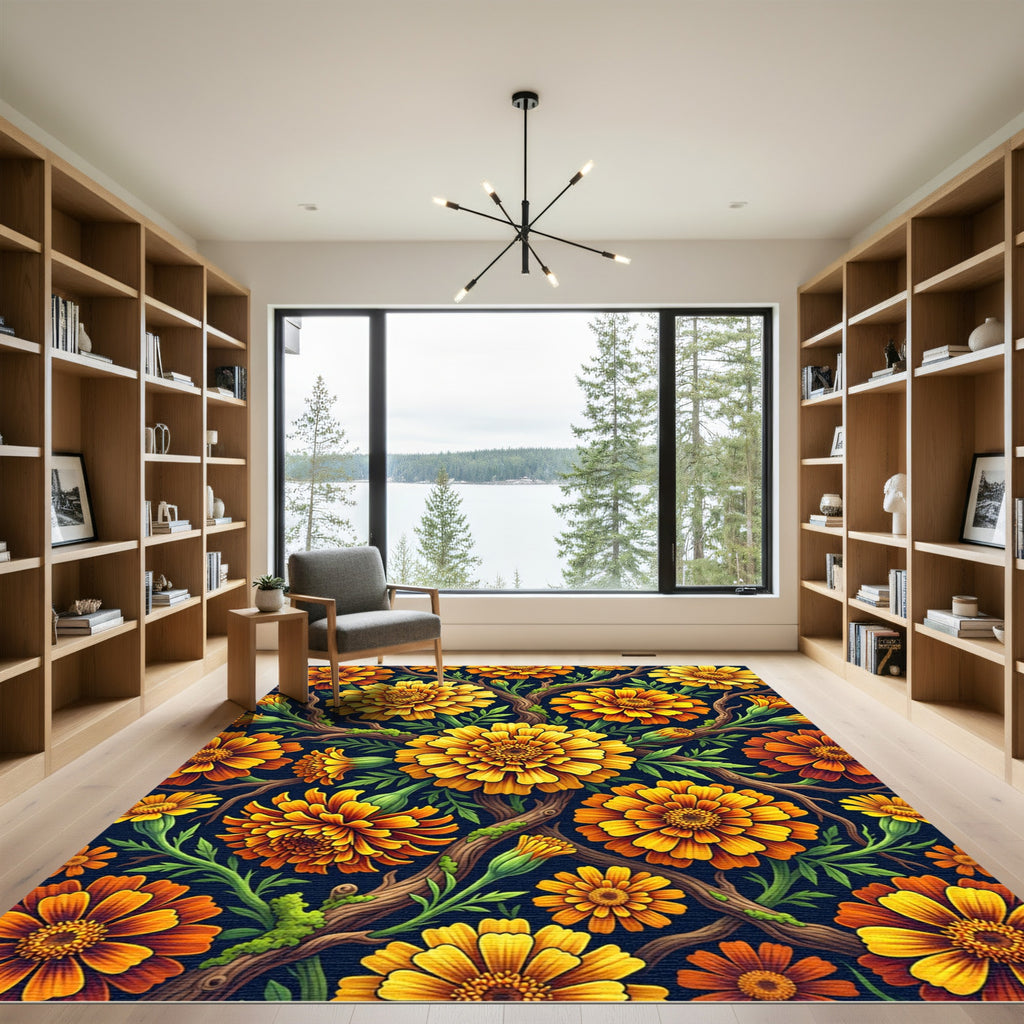 Vibrant Golden Marigold Branch Botanical Rug