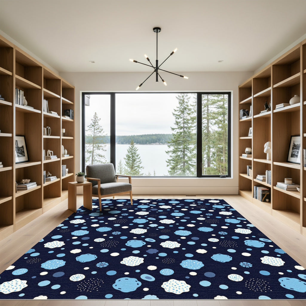 Navy Blue Abstract Floral Dot Rug