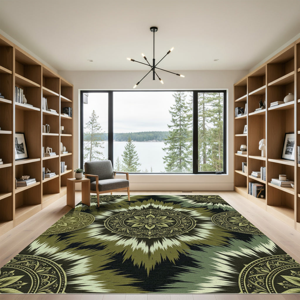 Olive Ikat Floral Geometric Medallion Rug