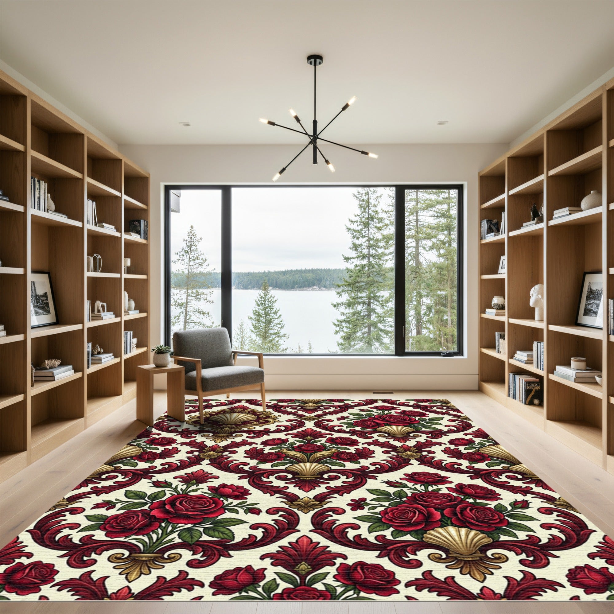 Ornate Crimson Rose Shell Medallion Rug