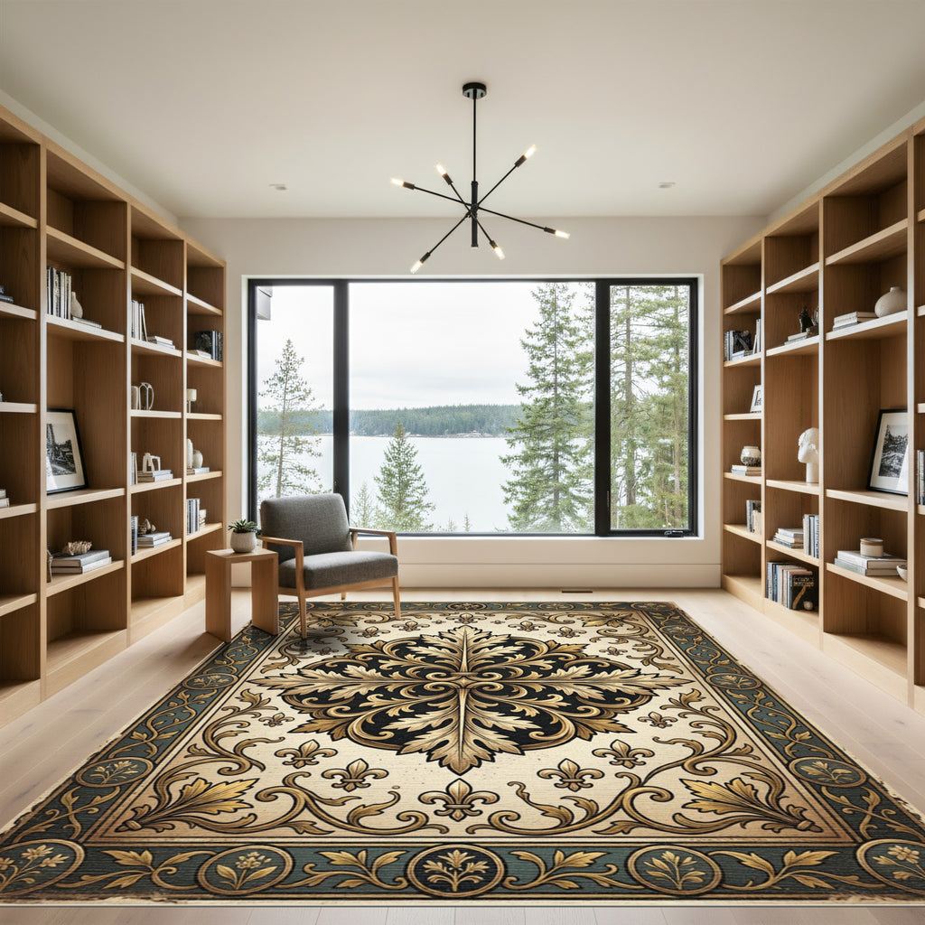 Ornate Gold Fleur-de-lis Cream Tapestry Rug
