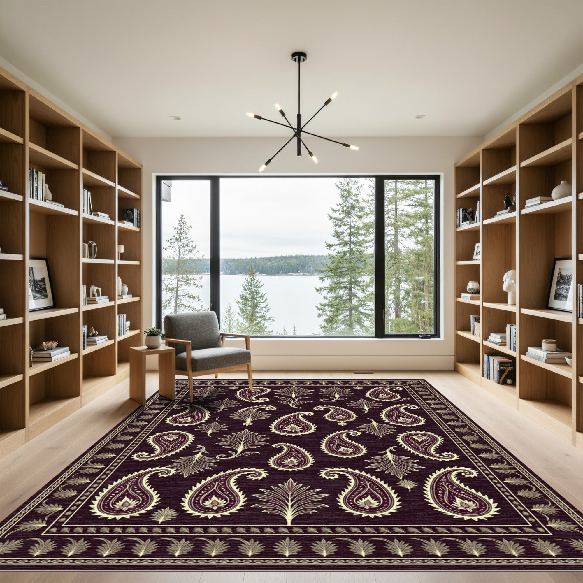 Rich Burgundy Paisley Blossom Border Rug