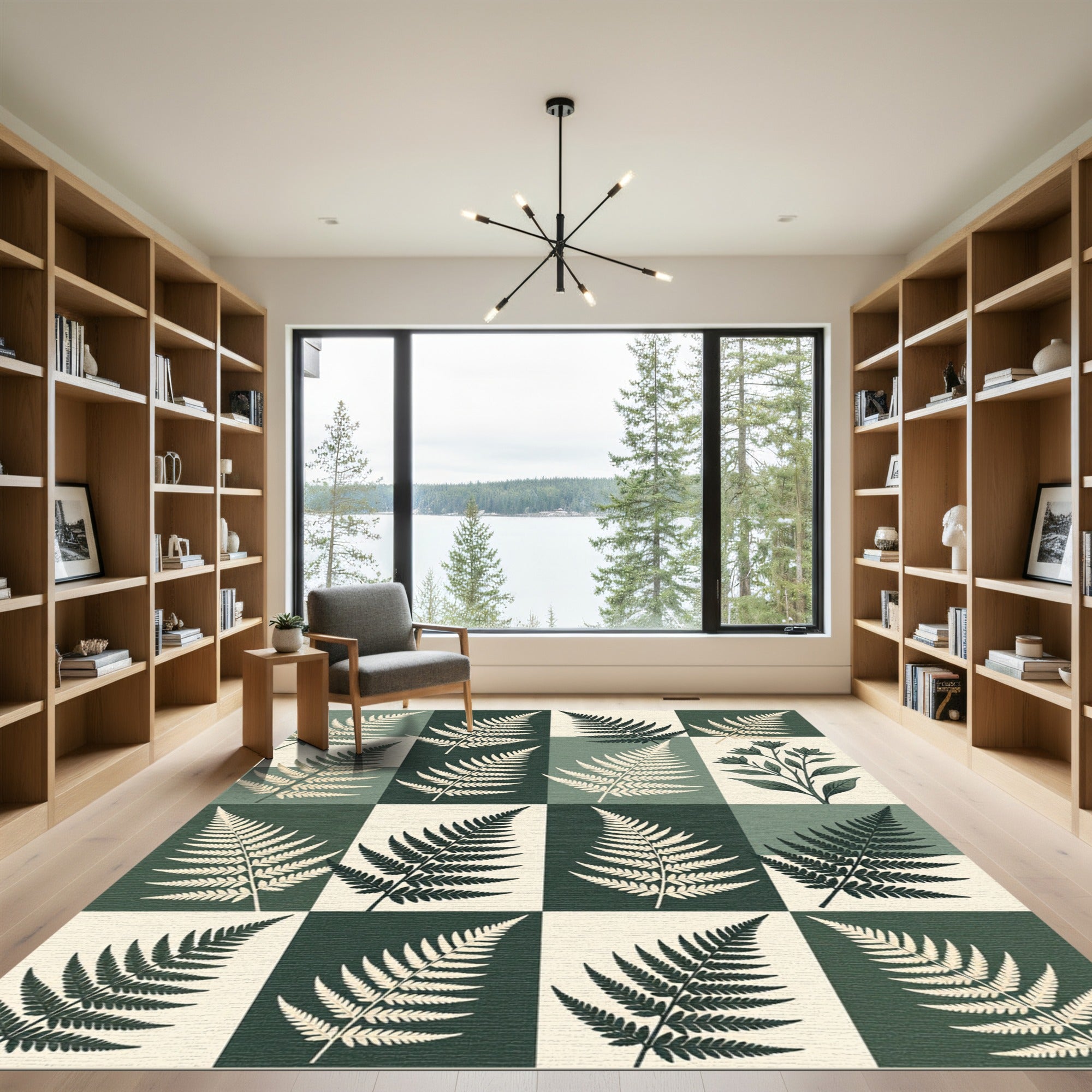 Sage Green Botanical Fern Grid Rug