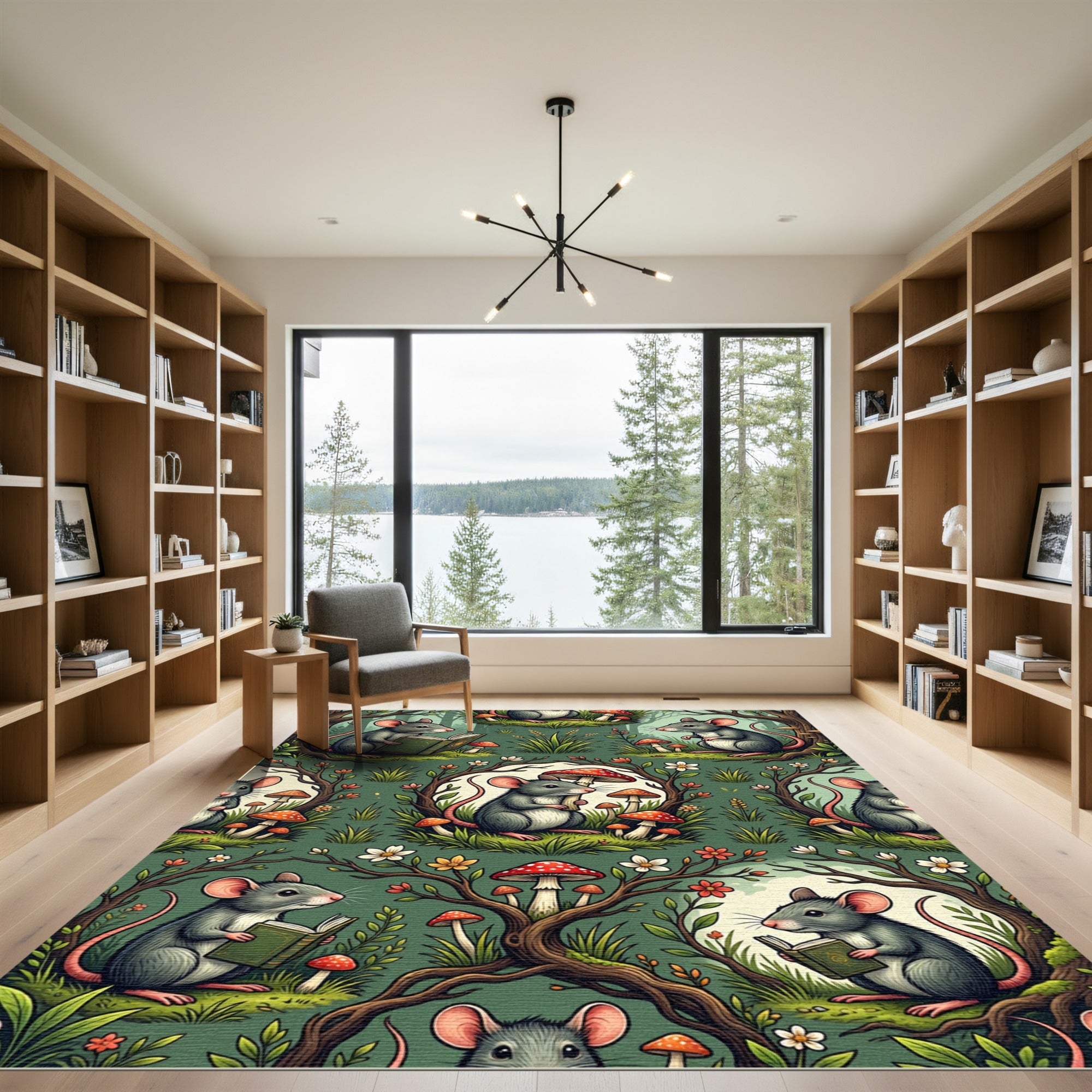 Whimsical Forest Mouse and Mushroom Illustration Rug