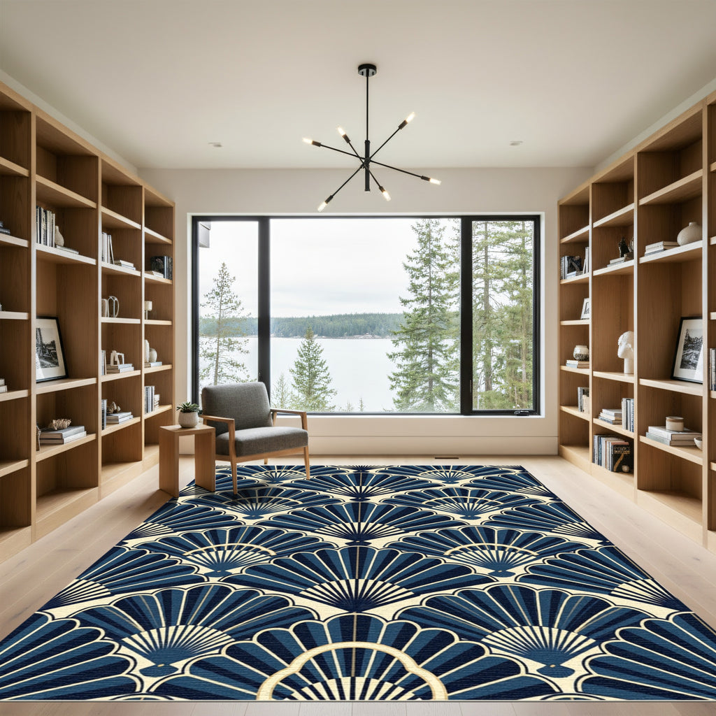 Art Deco Navy Blue Fan Geometric Rug