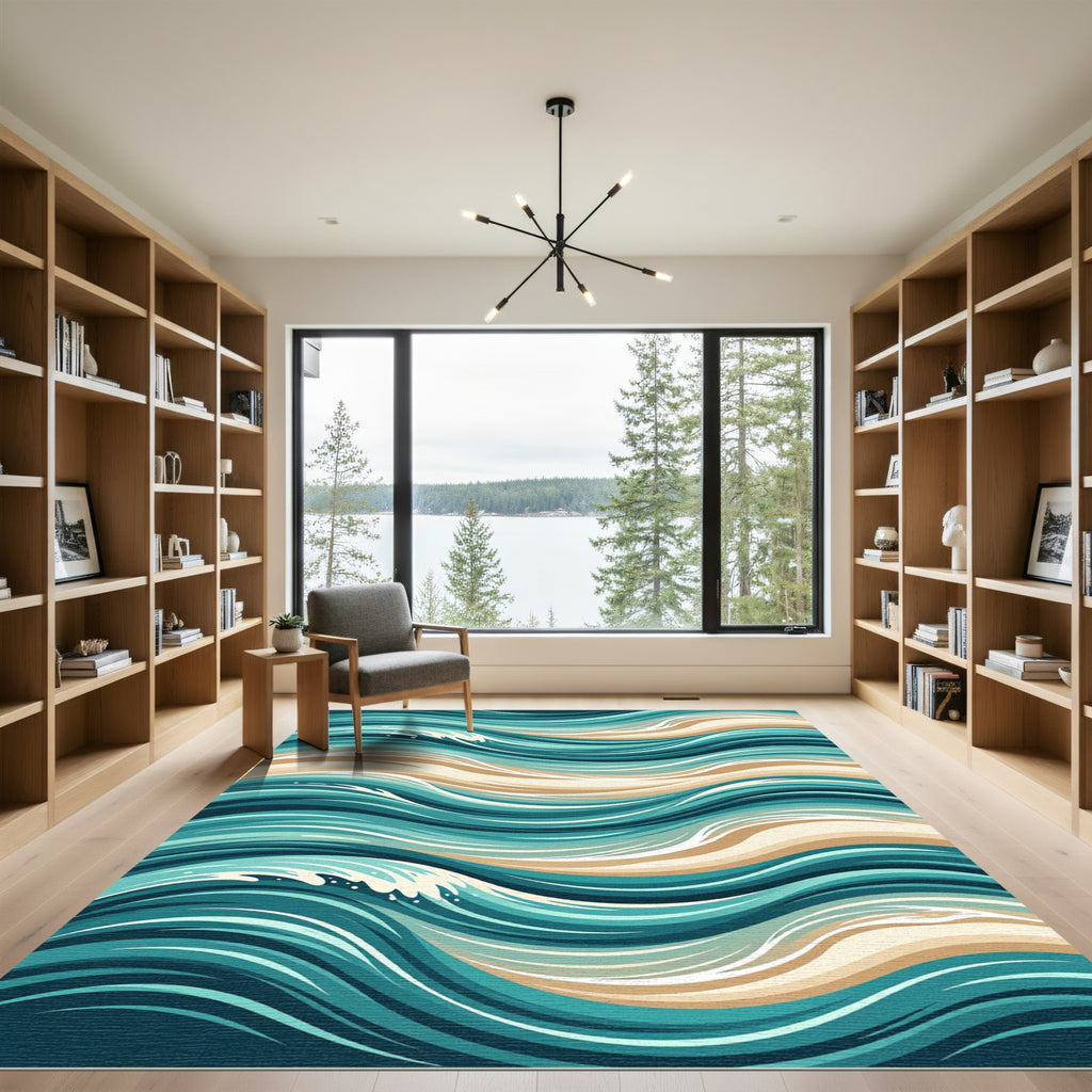 Contemporary Teal and Beige Swirling Waves Rug