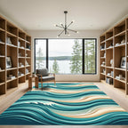 Contemporary Teal and Beige Swirling Waves Rug