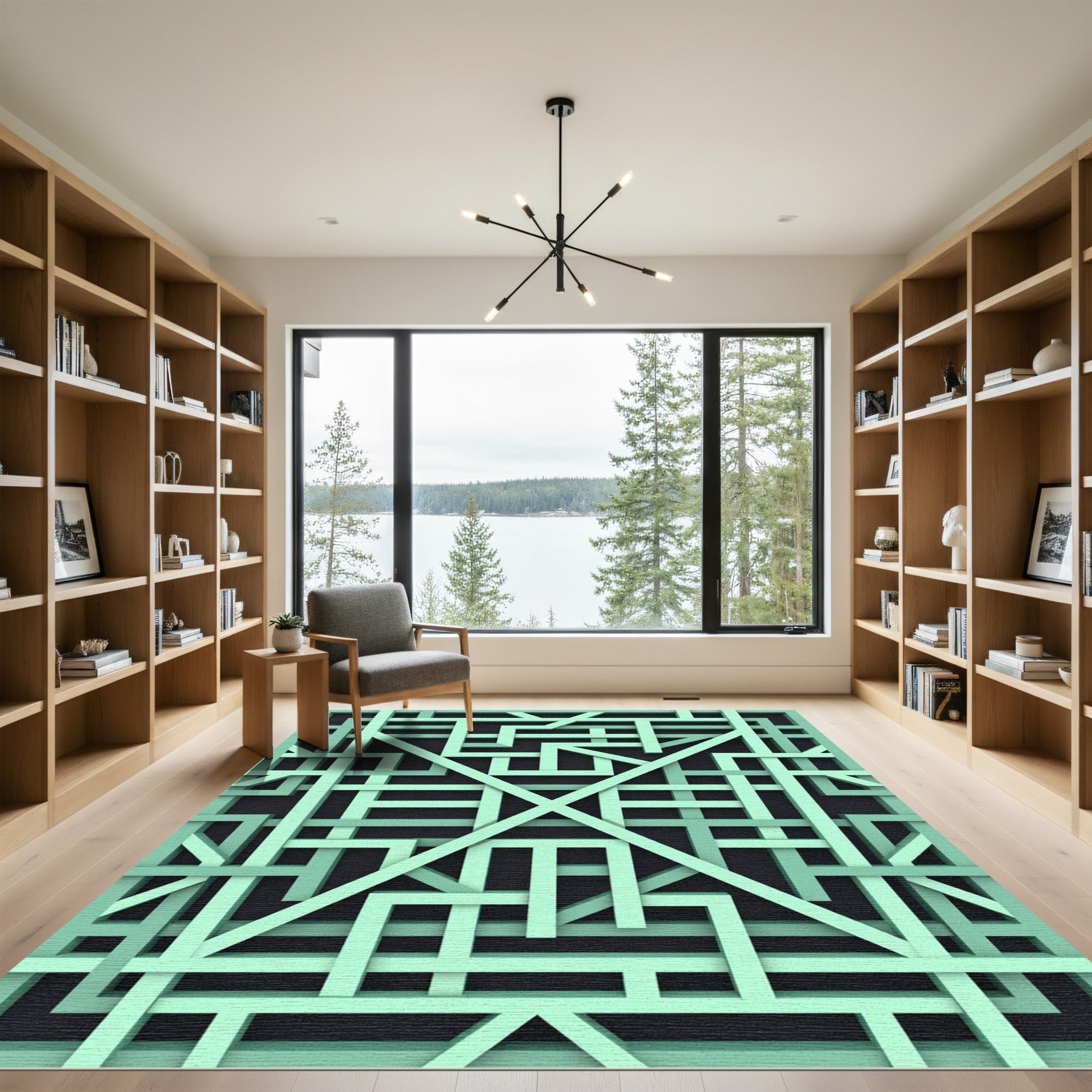 Mint Green Geometric Intersecting Lattice Rug
