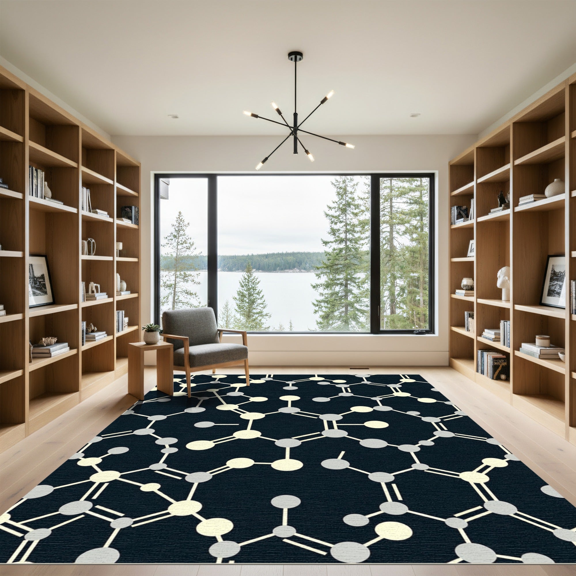 Cream and Gray Molecular Network Rug