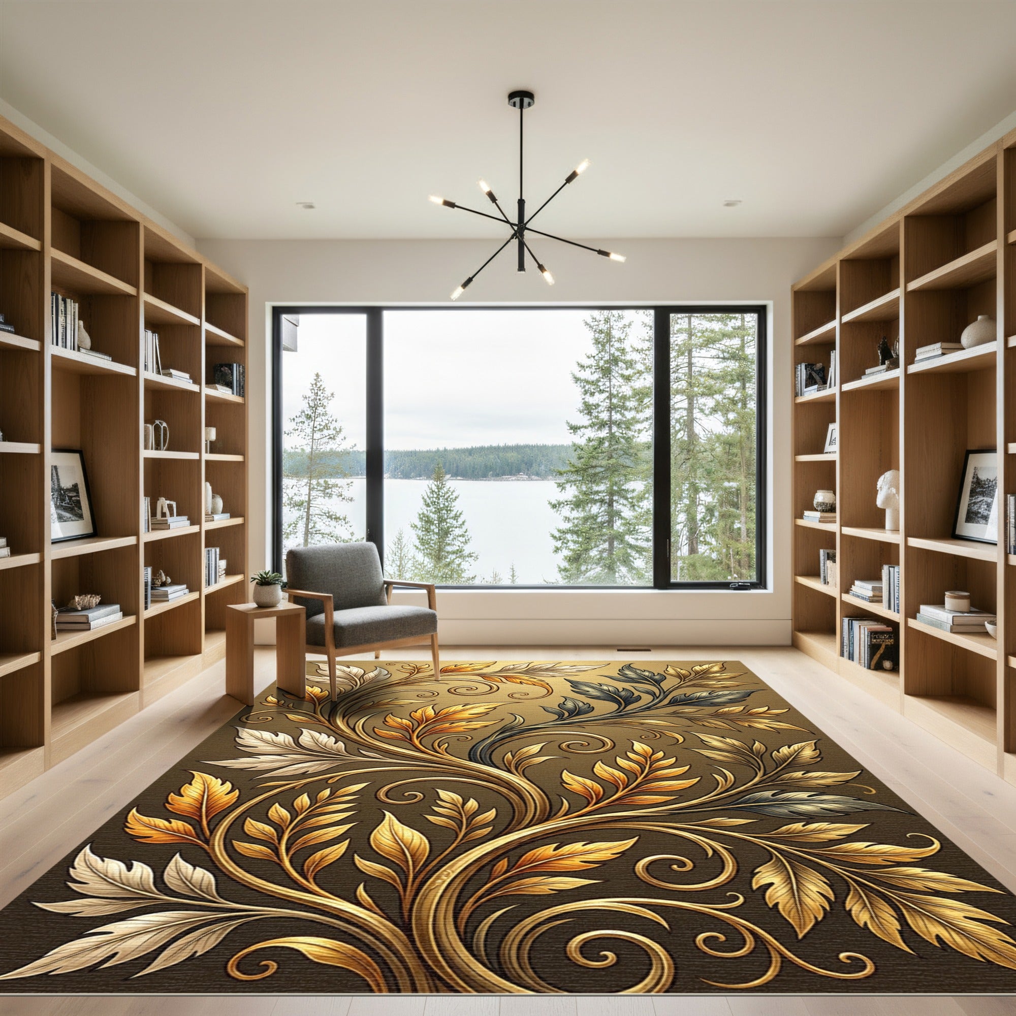 Elegant Gilded Filigree Botanical Swirl Rug