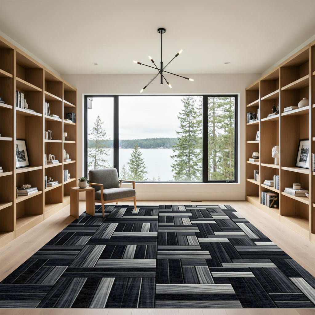 Monochrome Geometric Interlocking Wood Grain Parquet Rug