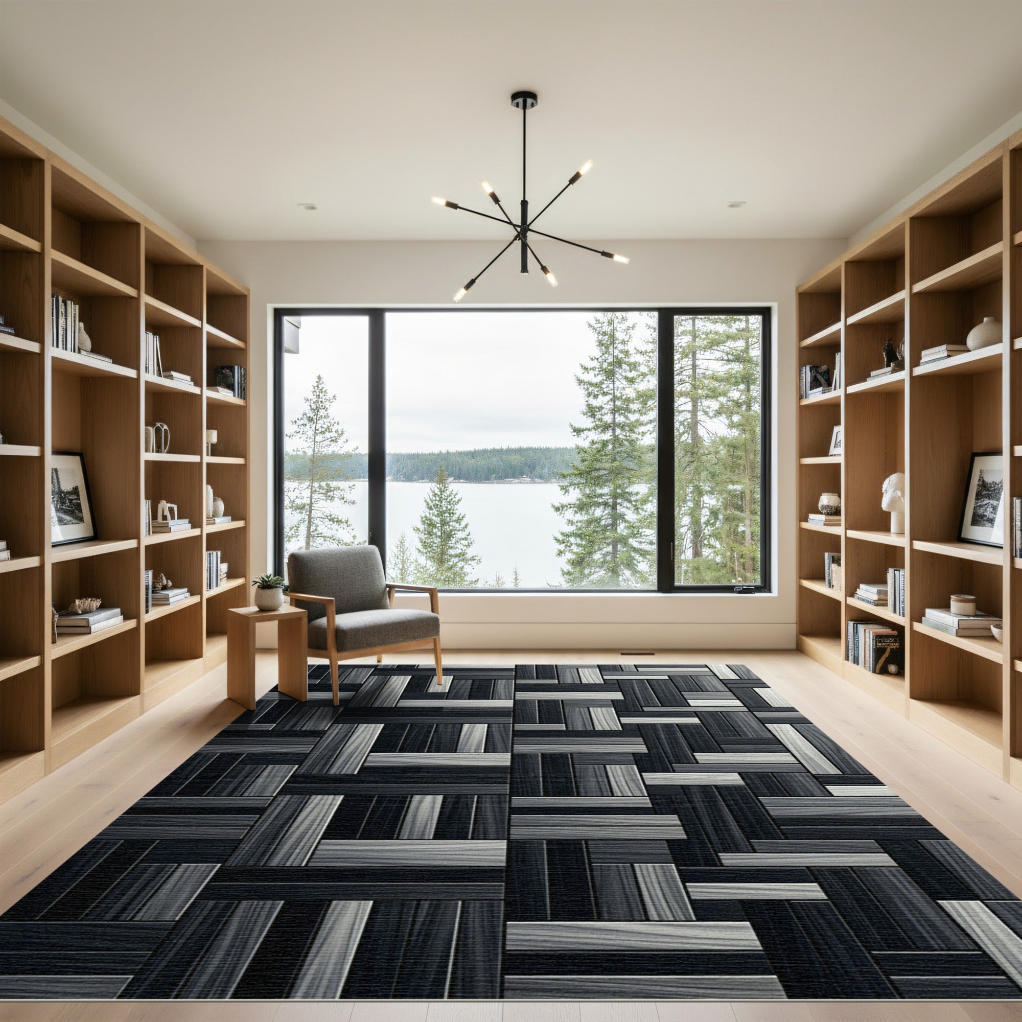 Monochrome Geometric Interlocking Wood Grain Parquet Rug
