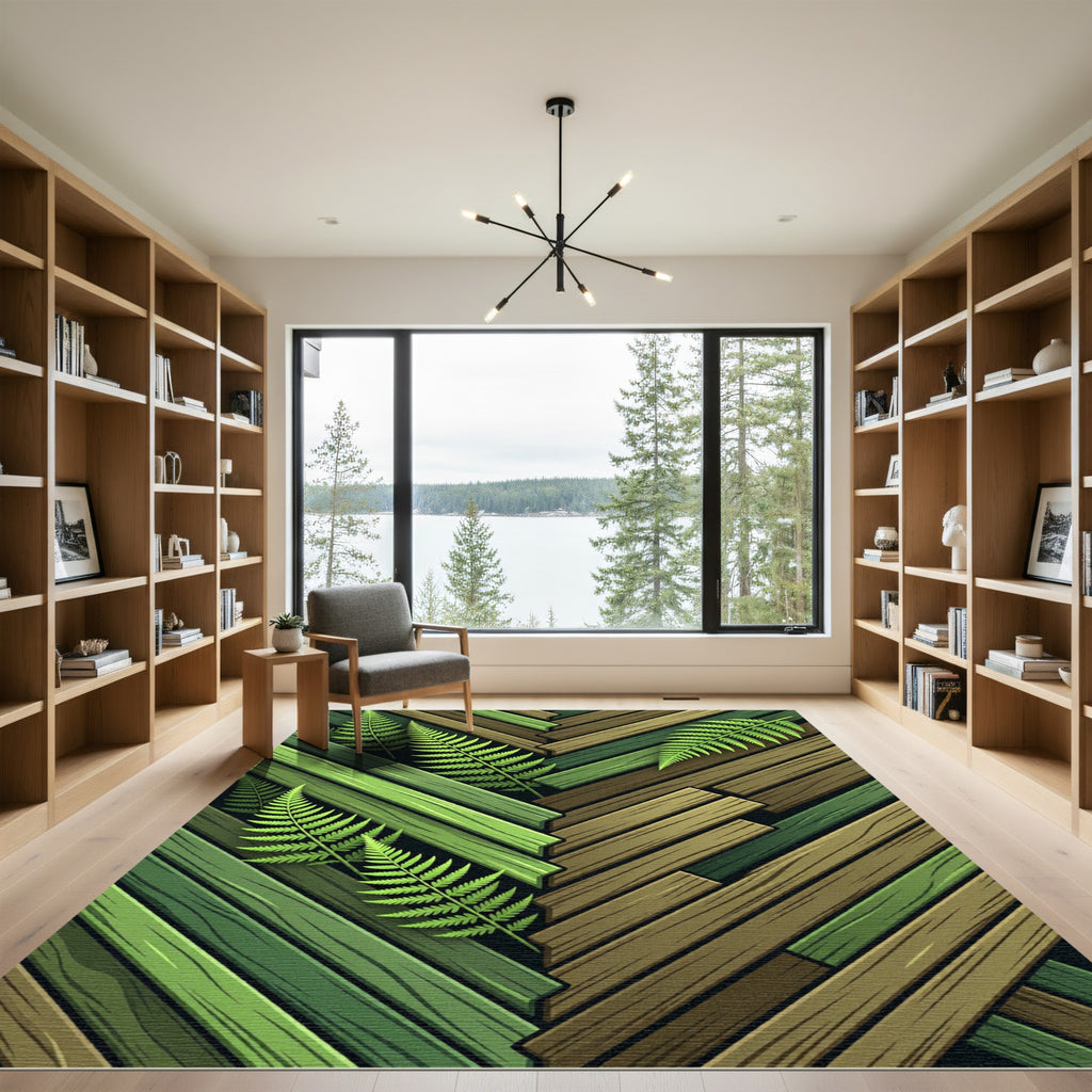Botanical Fern Leaf Herringbone Wood Plank Rug
