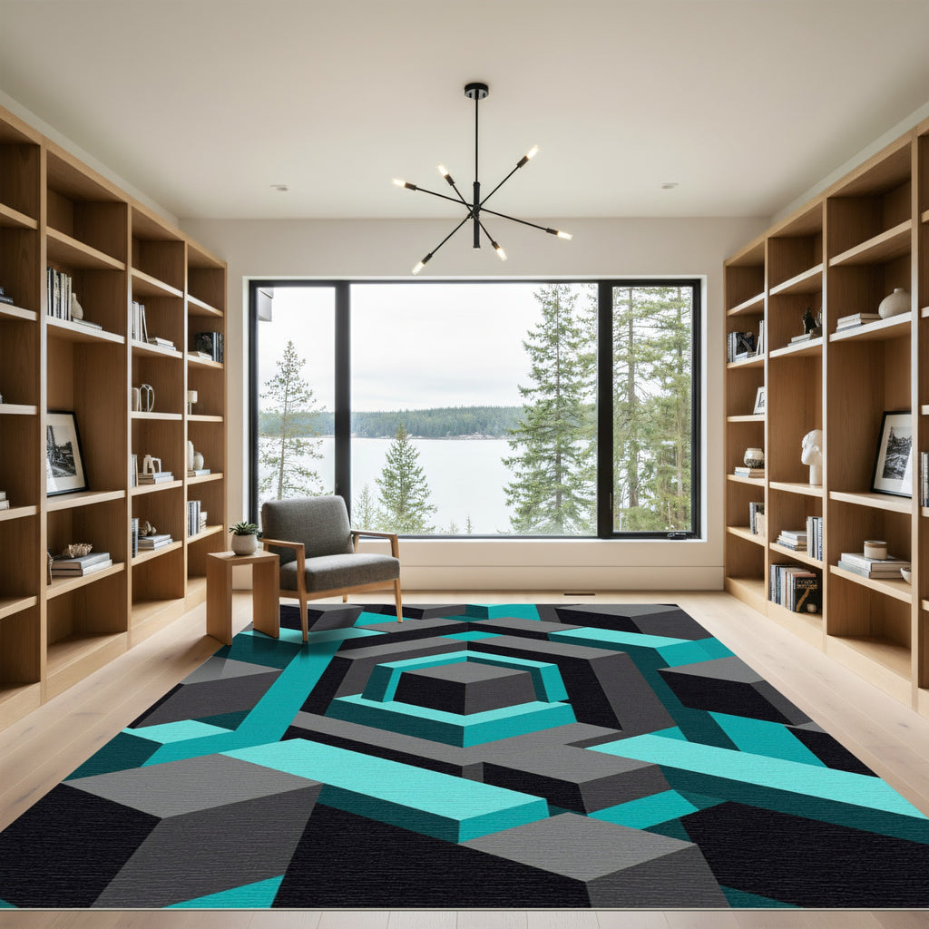 Geometric Cyan and Charcoal Hexagon Rug