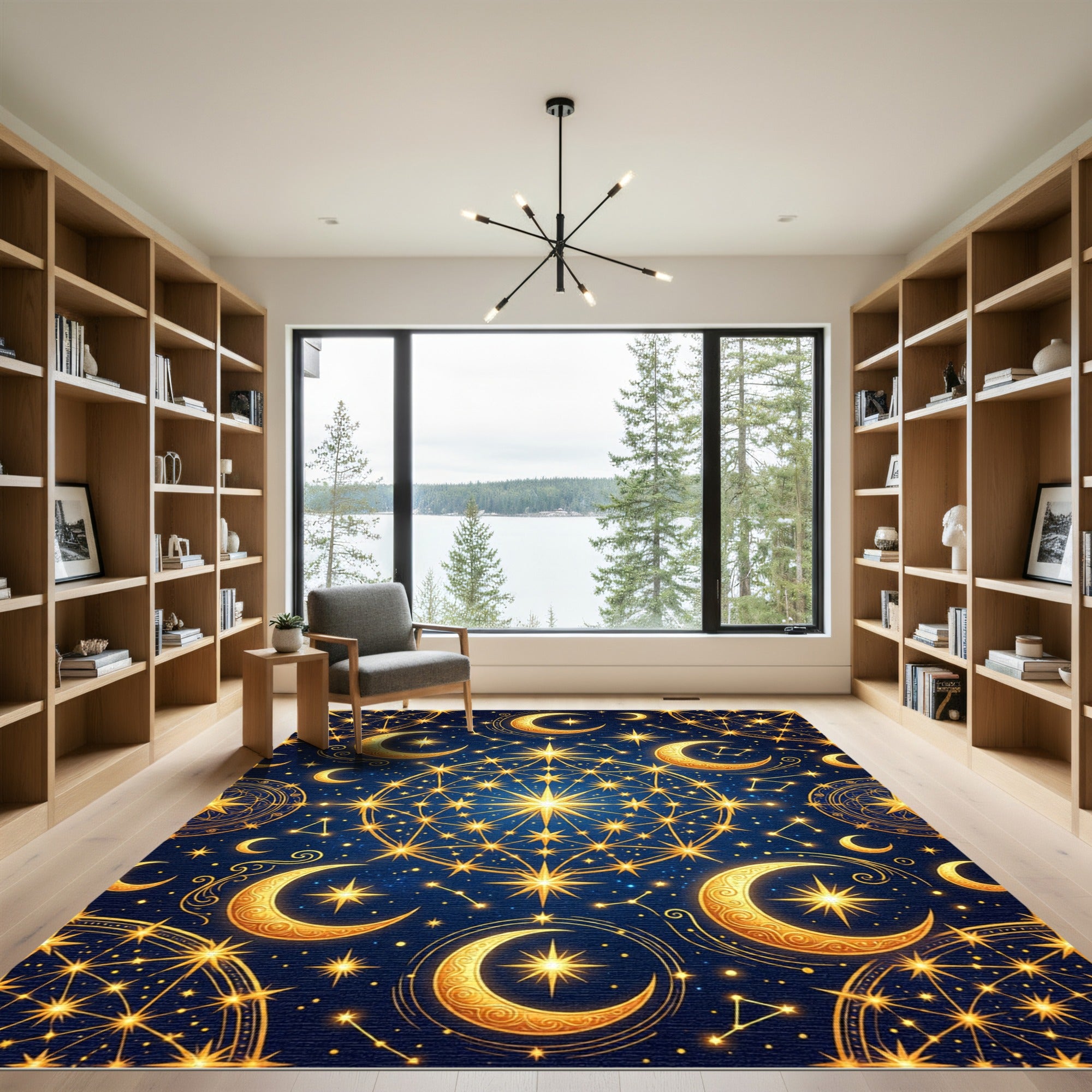 Celestial Gold Moon and Starry Sky Rug