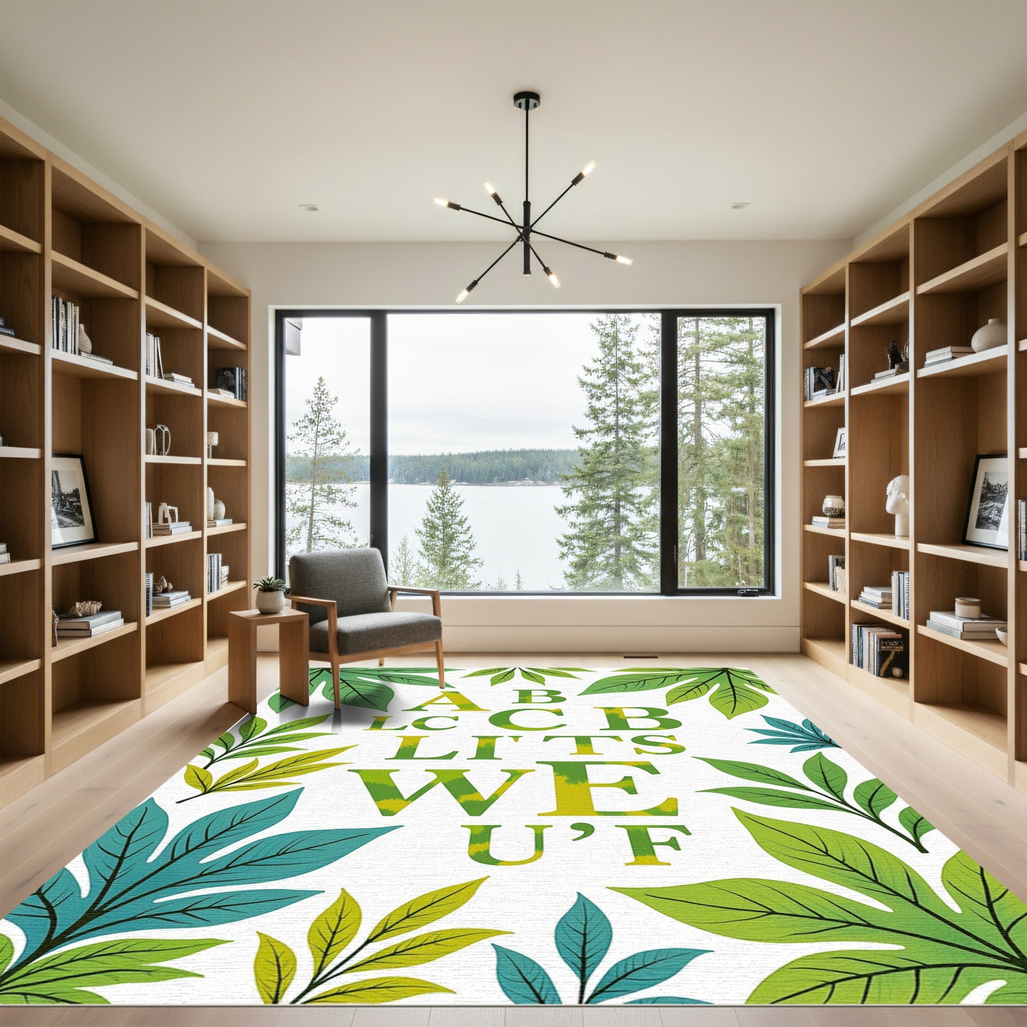 Tropical Green Leaf Alphabet Arrangement Rug