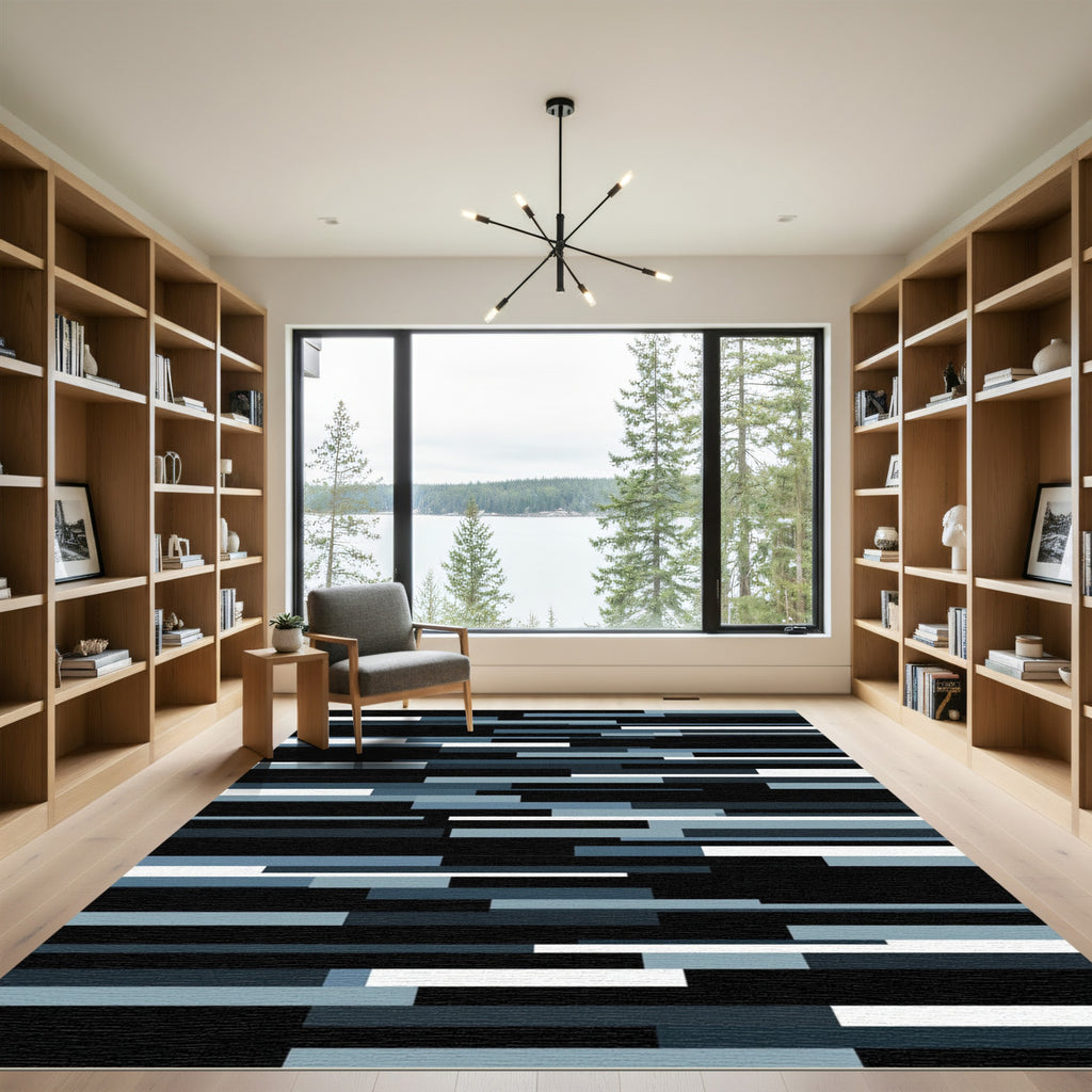 Modern Blue Gray Horizontal Stripe Rug