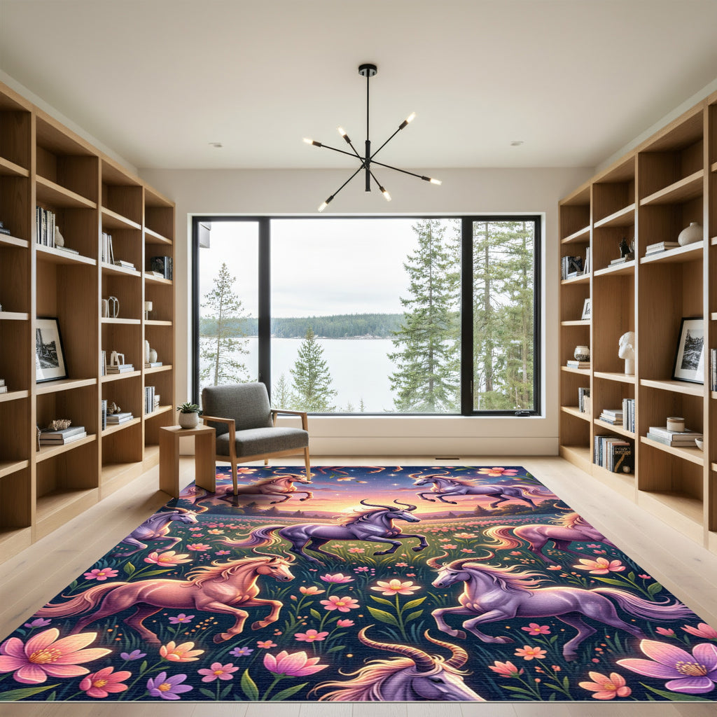 Ethereal Unicorn Meadow with Pastel Florals Rug