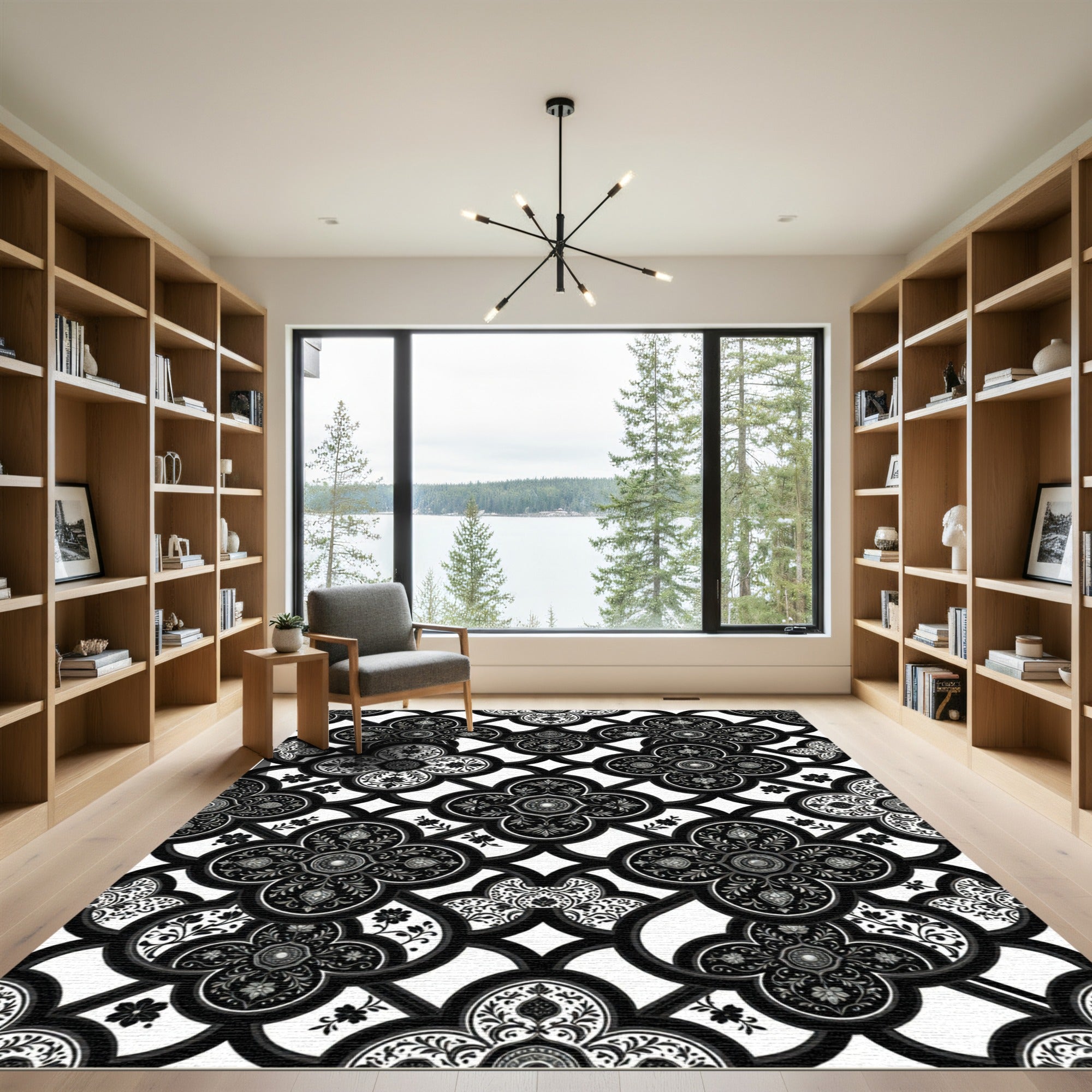 Monochrome Black Gothic Trellis Floral Tile Rug