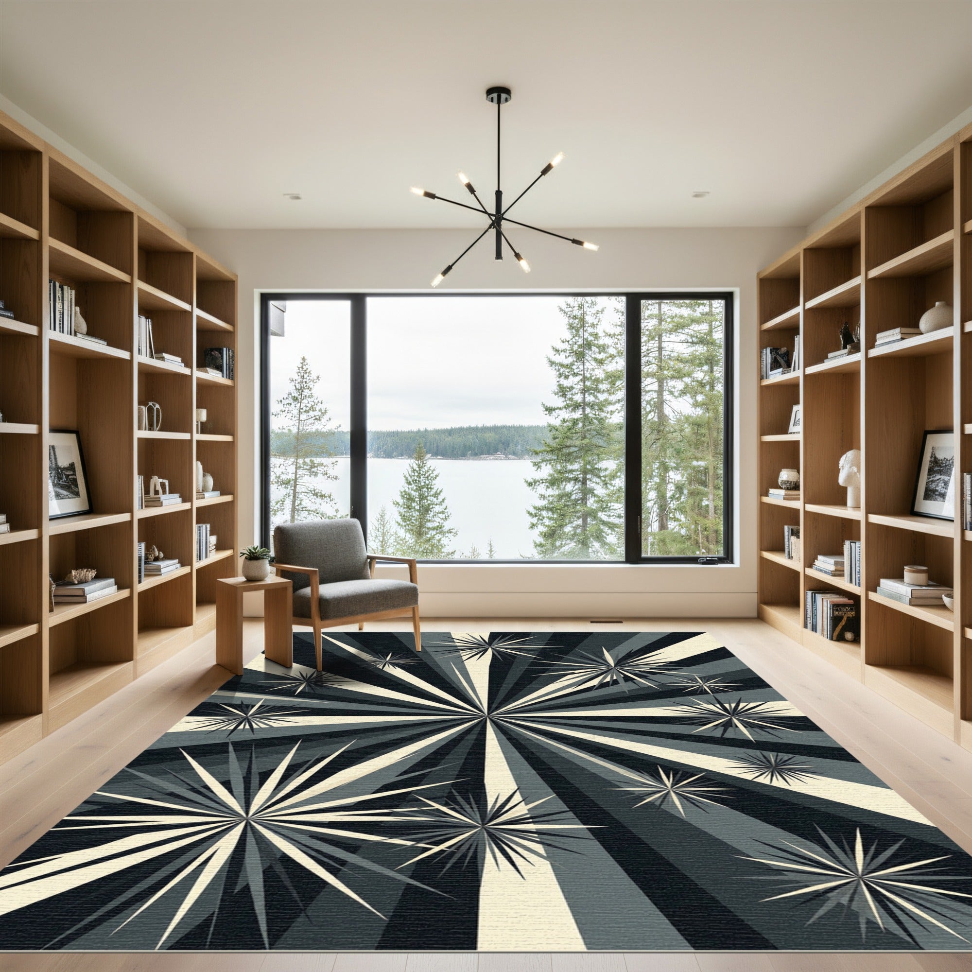 Monochromatic Geometric Sunburst Star Radiating Rug