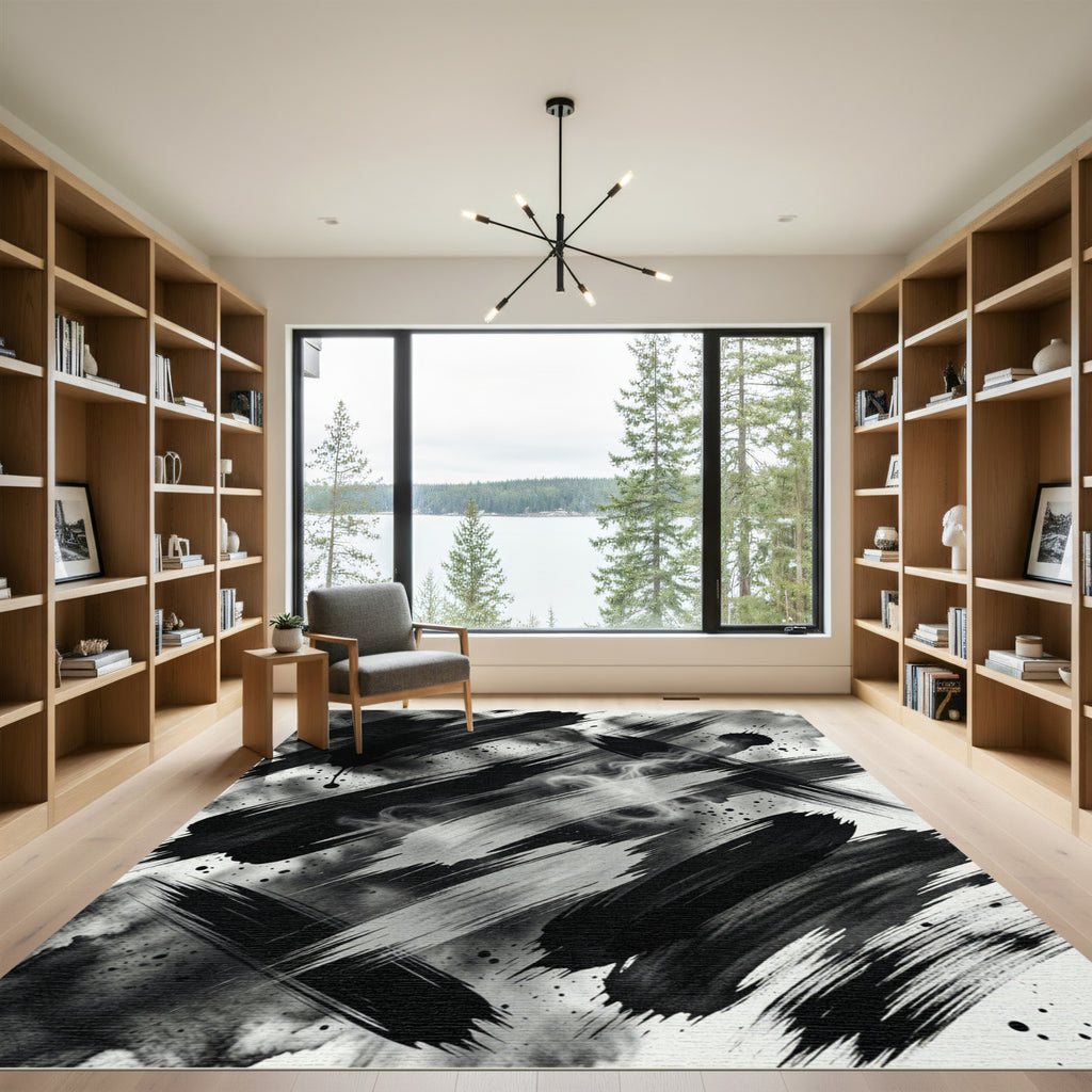 Monochromatic Abstract Charcoal Ink Stroke Rug