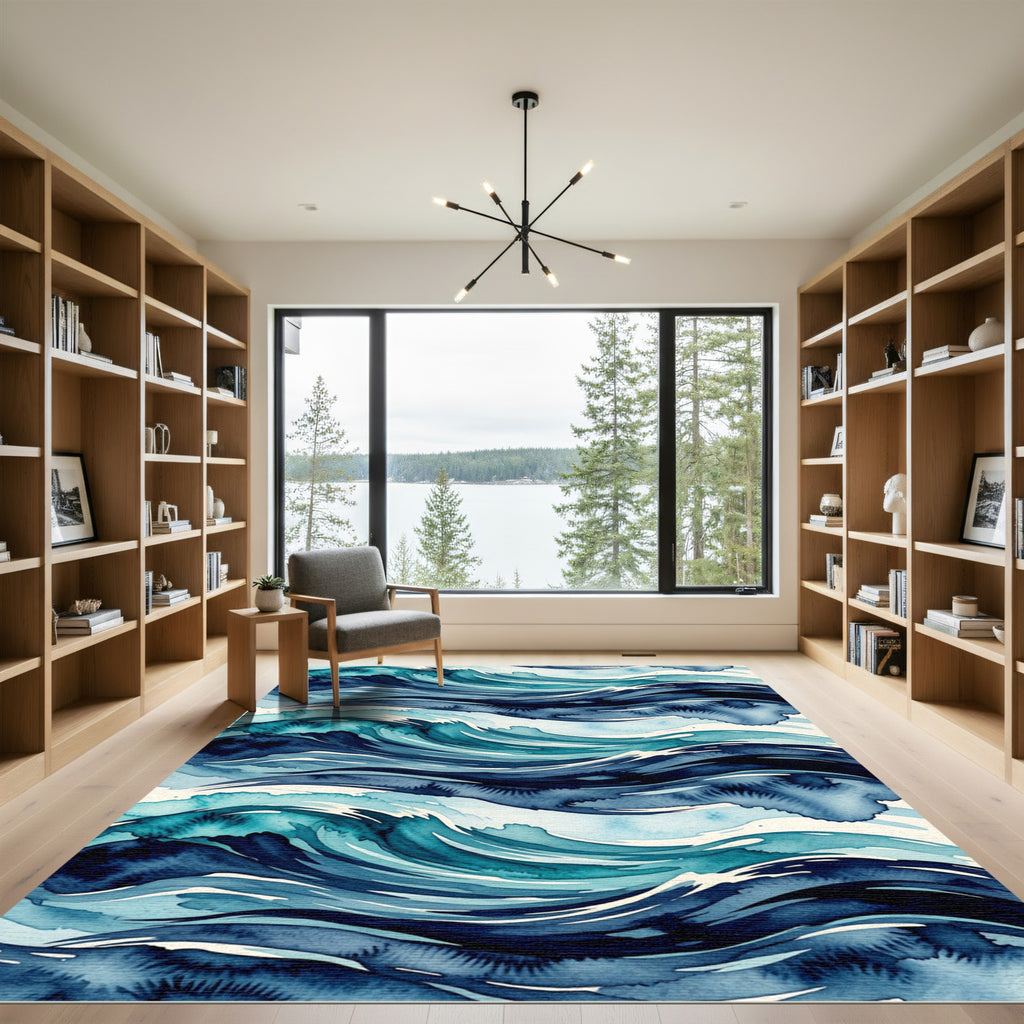 Abstract Indigo Watercolor Ocean Wave Rug