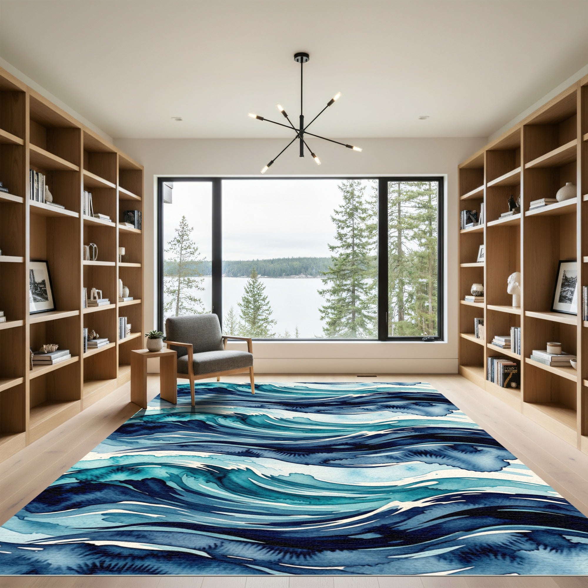 Abstract Indigo Watercolor Ocean Wave Rug