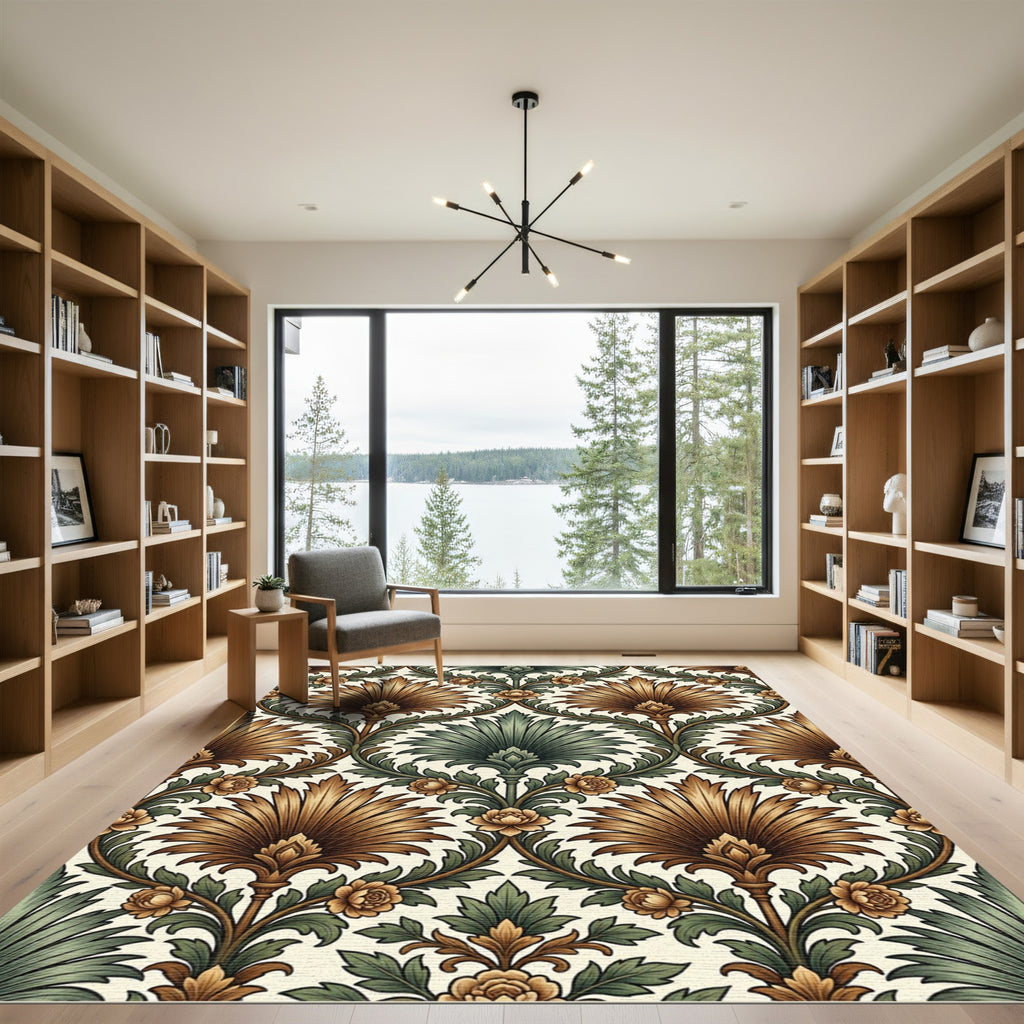 Elegant Gold and Sage Foliage Damask Rug