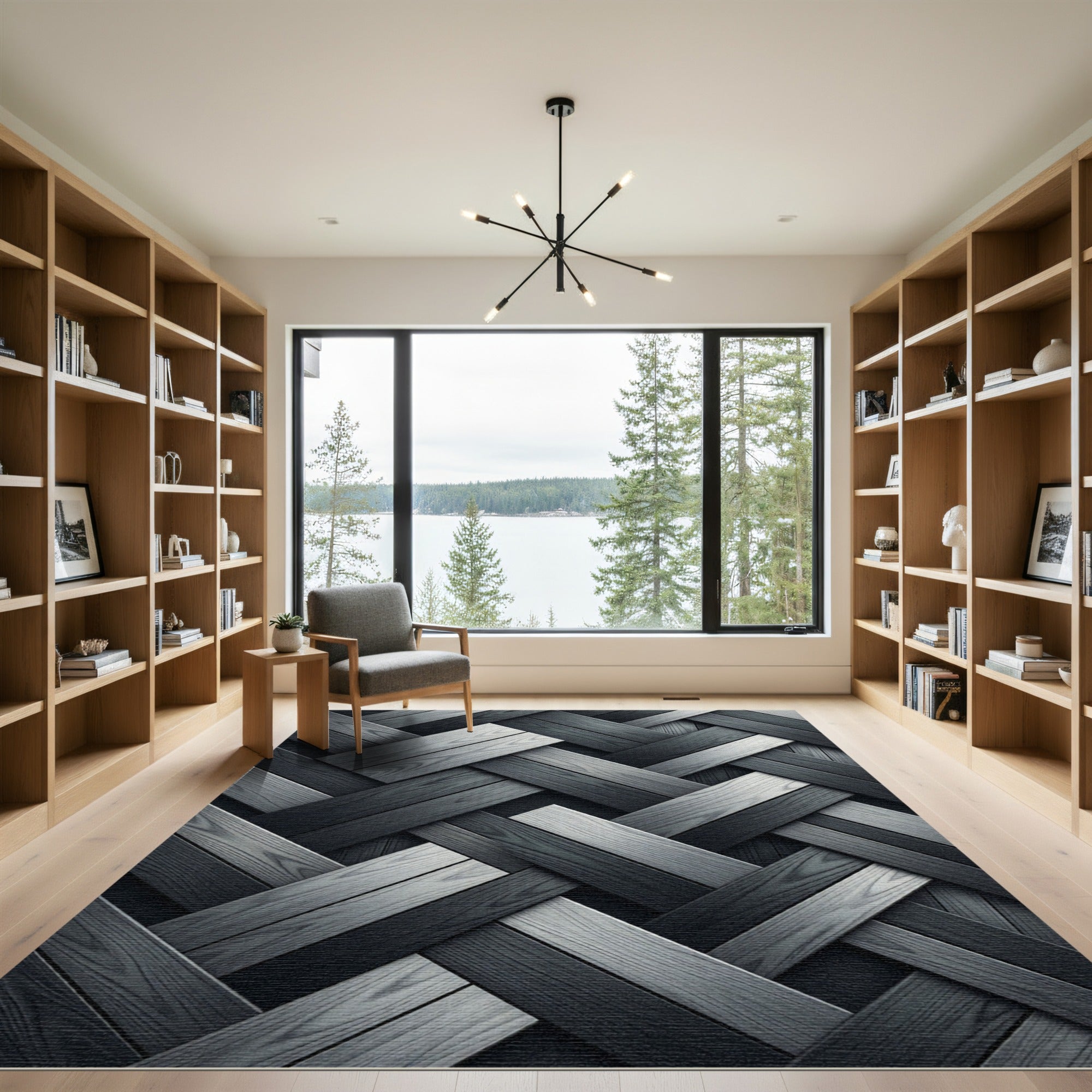 Monochrome Herringbone Weave Geometric Abstract Rug