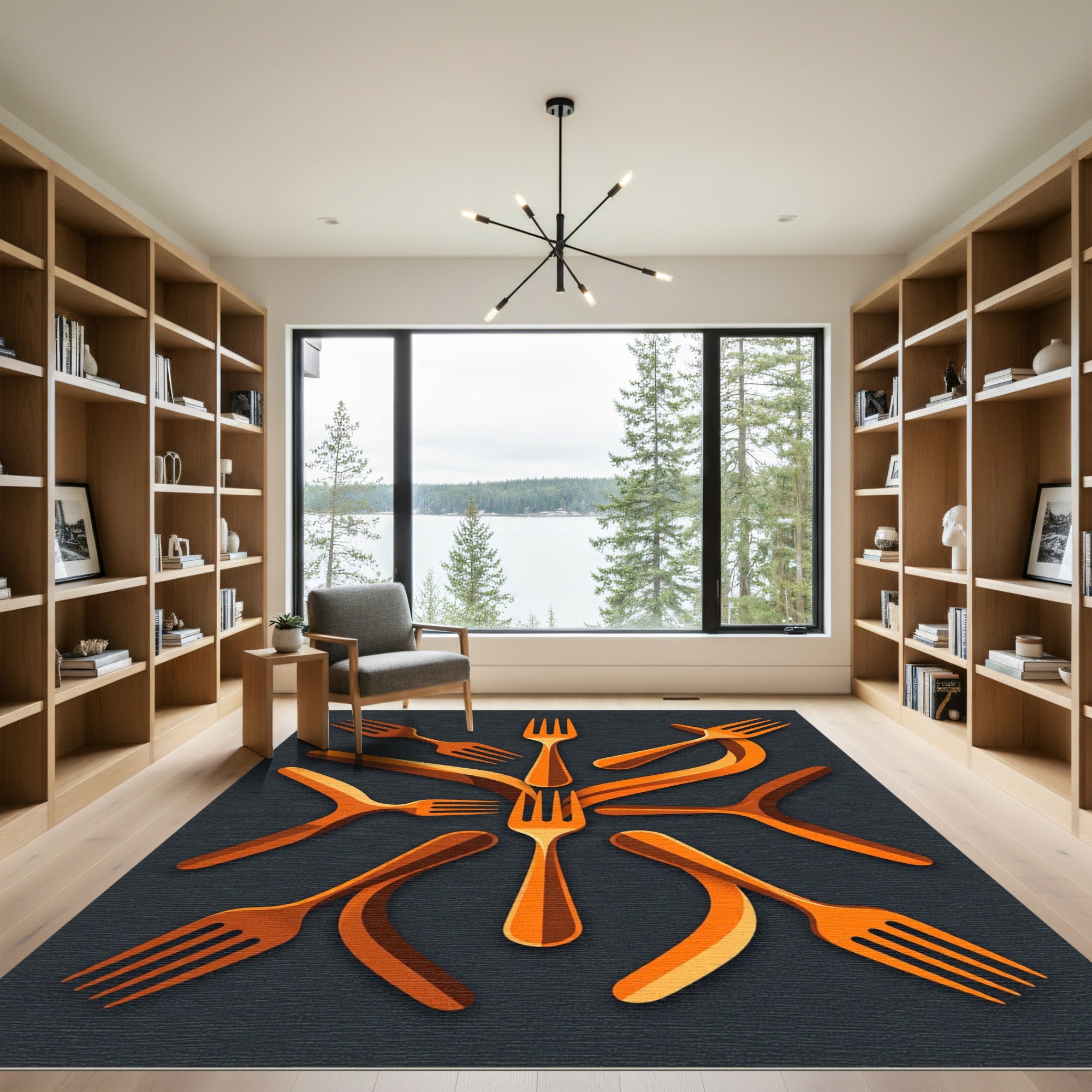 Orange Fork Abstract Radial Arrangement Rug