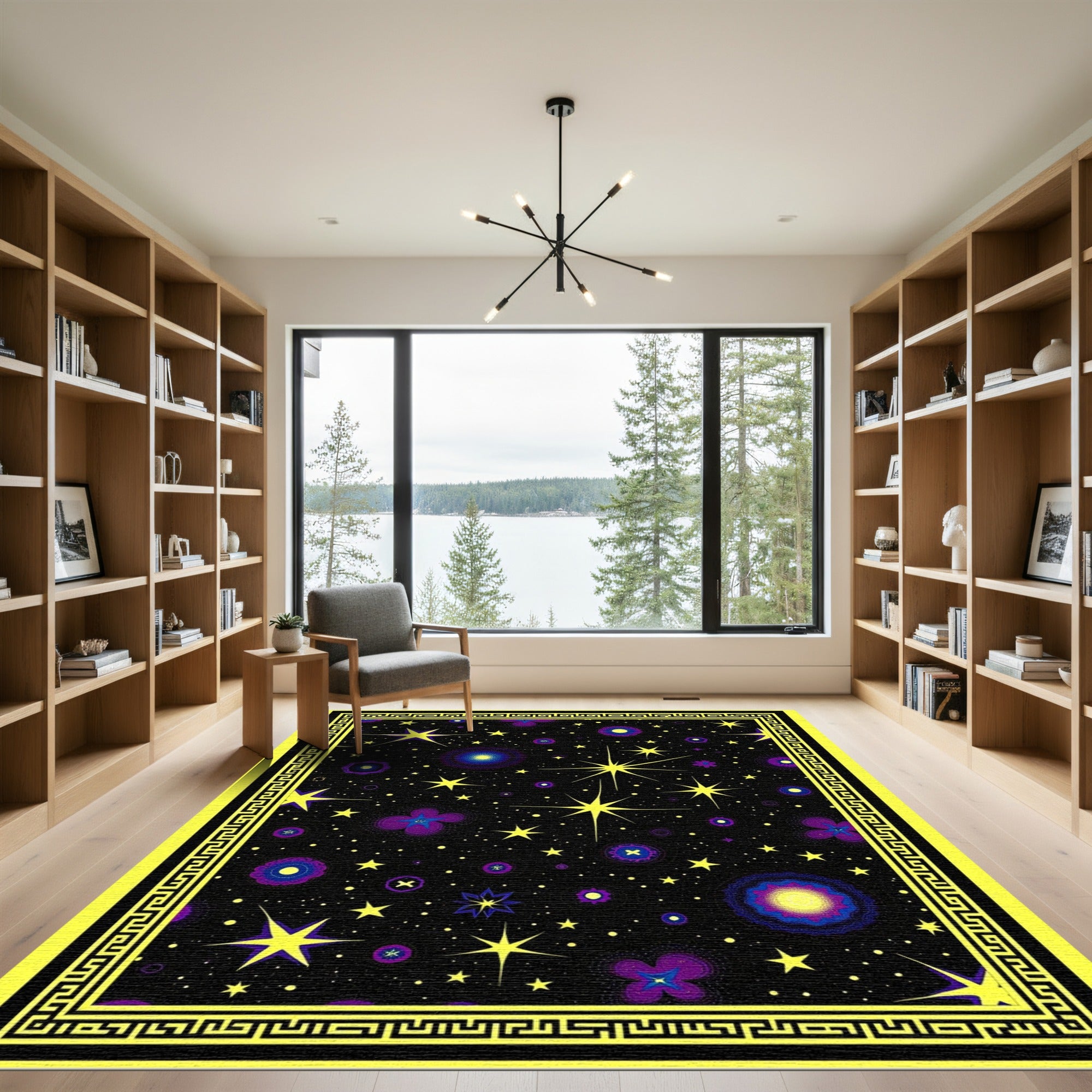Yellow Bordered Cosmic Night Sky Stars Rug