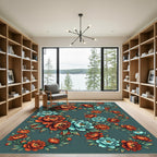Lush Teal Peony Botanical Wreath Rug
