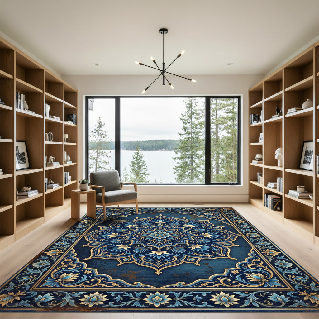 Elegant Blue Floral Gold Medallion Area Rug