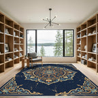 Ornate Navy Golden Floral Medallion Rug