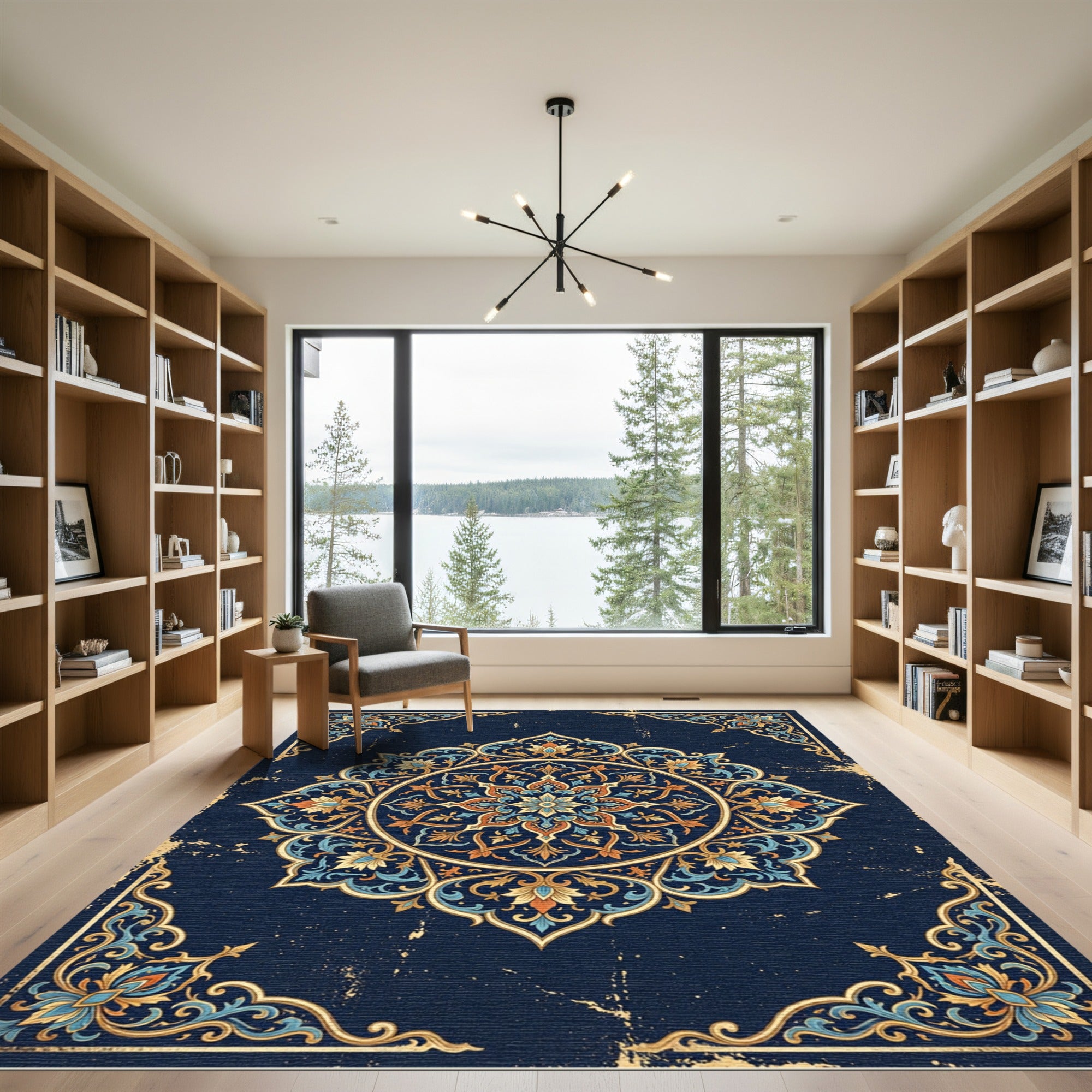 Ornate Navy Golden Floral Medallion Rug