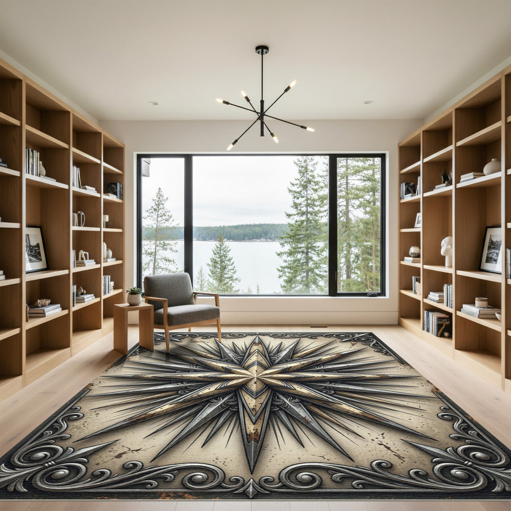 Aged Golden Starburst Compass Rose Rug