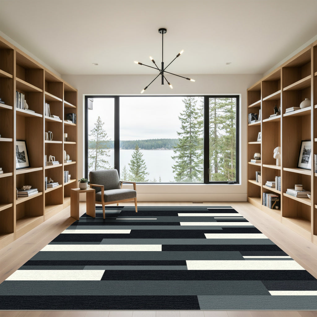 Modern Monochrome Abstract Layered Block Rug