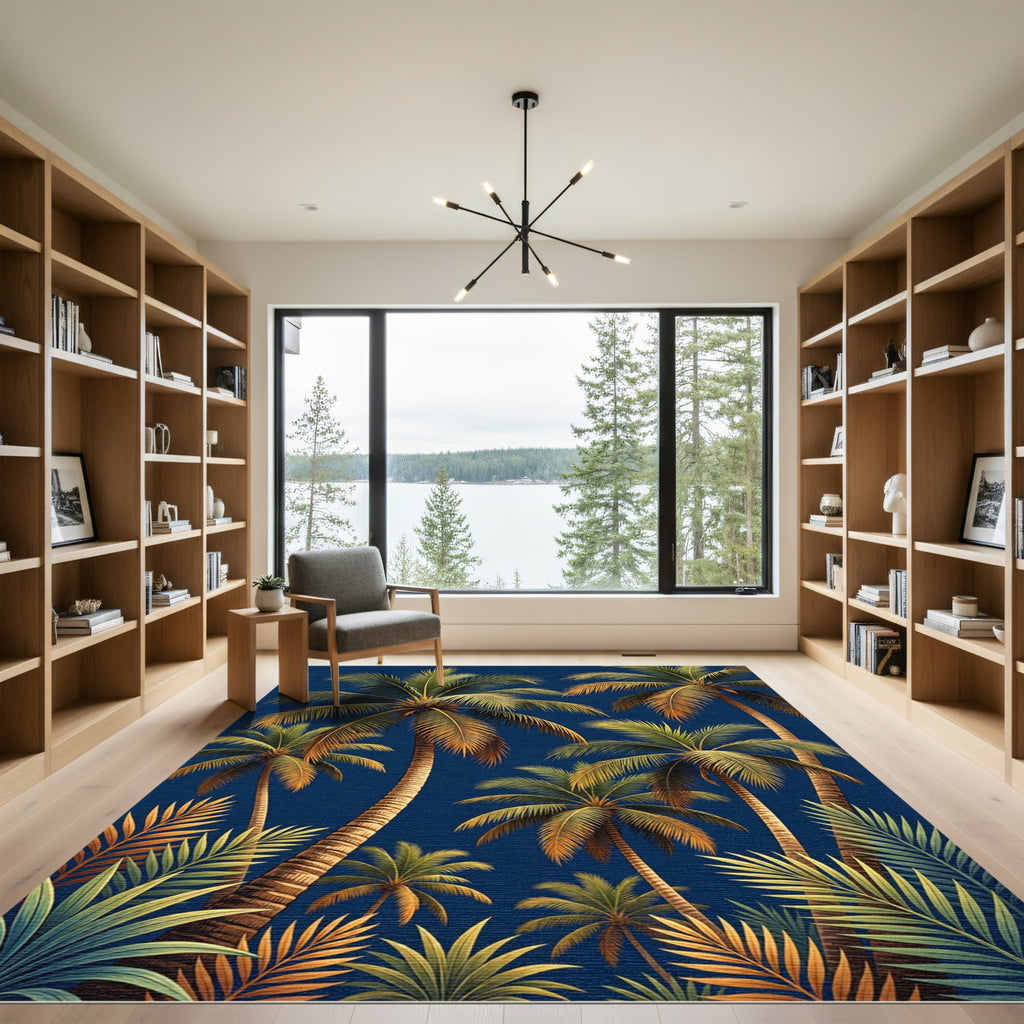 Tropical Palm Grove Navy Blue Rug