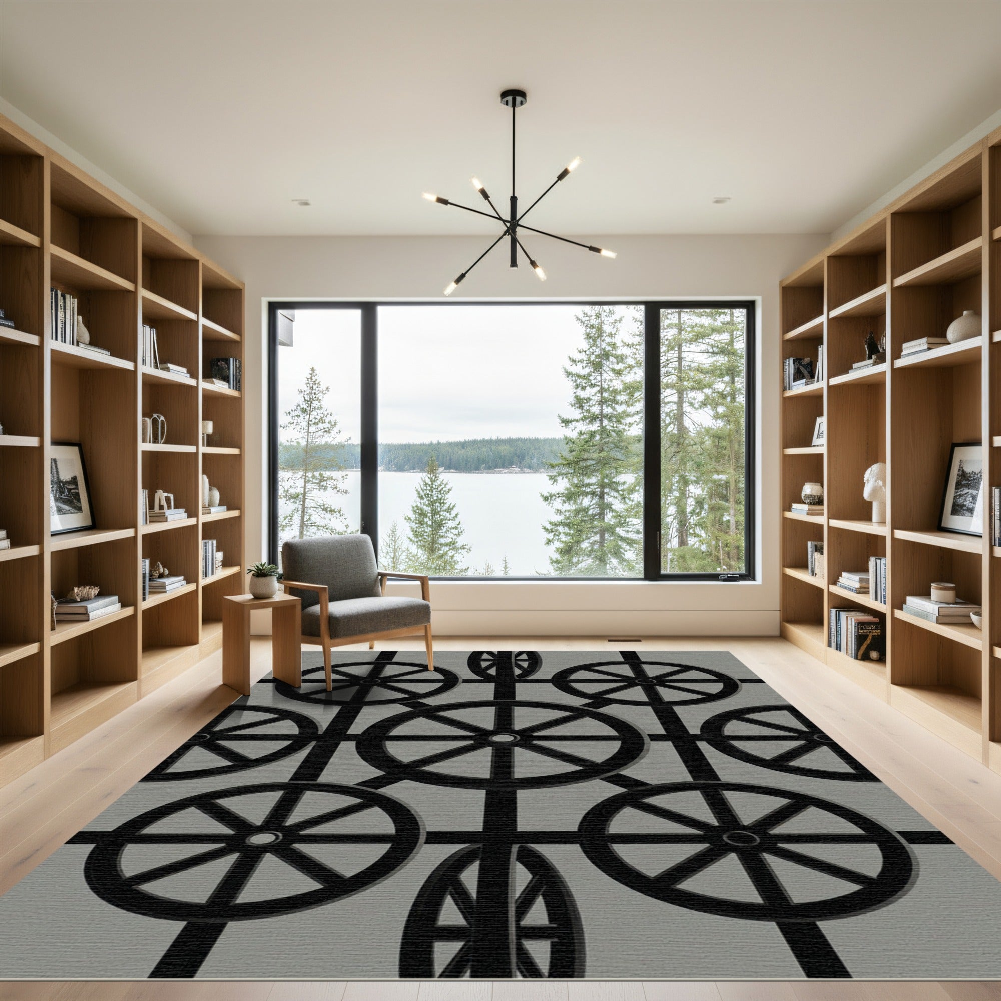 Monochrome Spoked Wheel Grid Rug