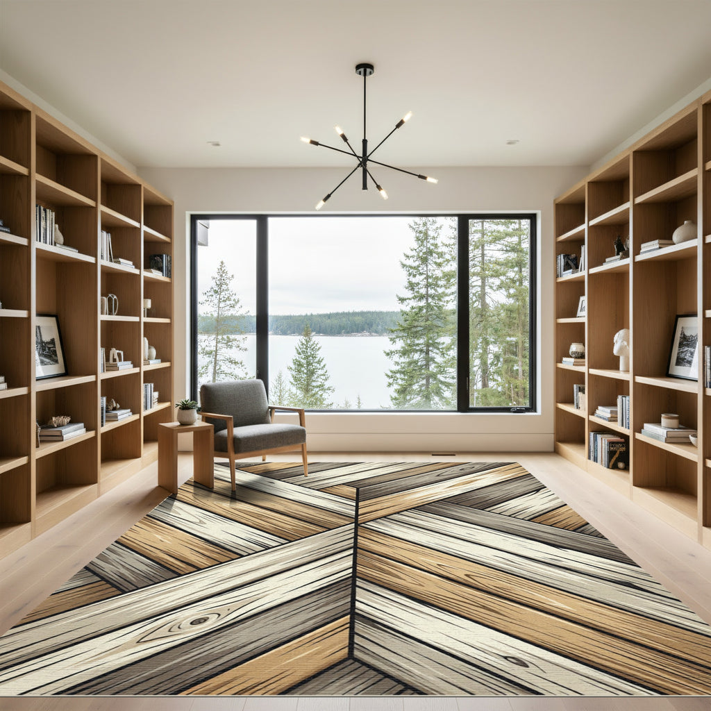 Neutral Herringbone Wood Grain Plank Rug