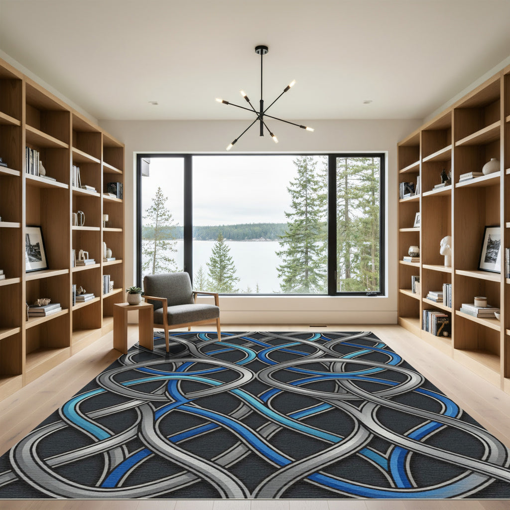 Interlocking Silver Azure Geometric Ribbon Rug