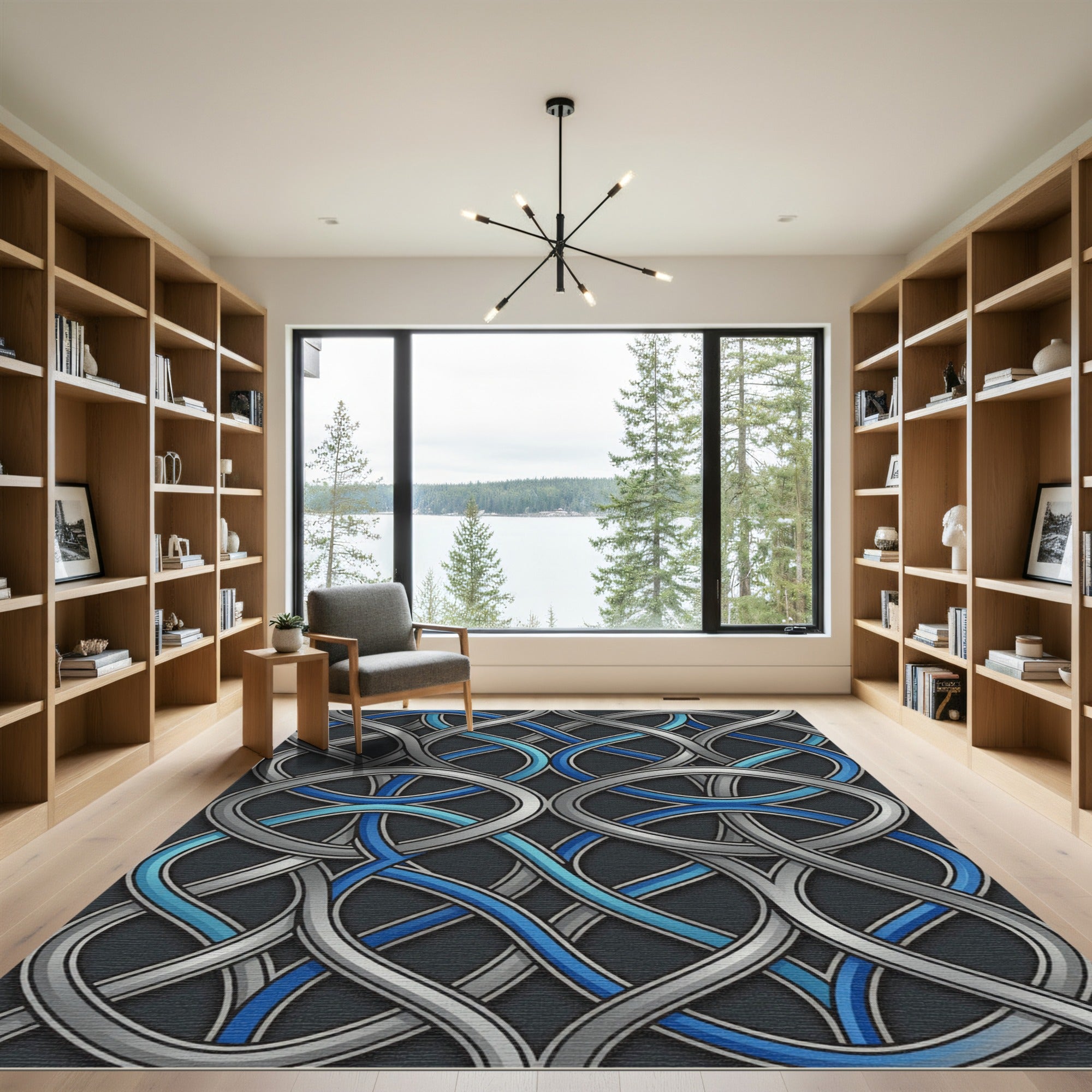Interlocking Silver Azure Geometric Ribbon Rug