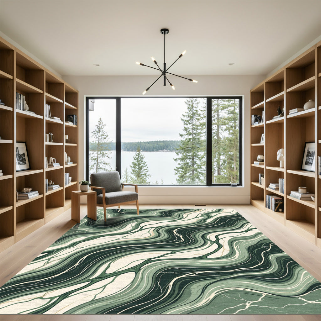 Abstract Emerald Wave Fluid Marble Rug
