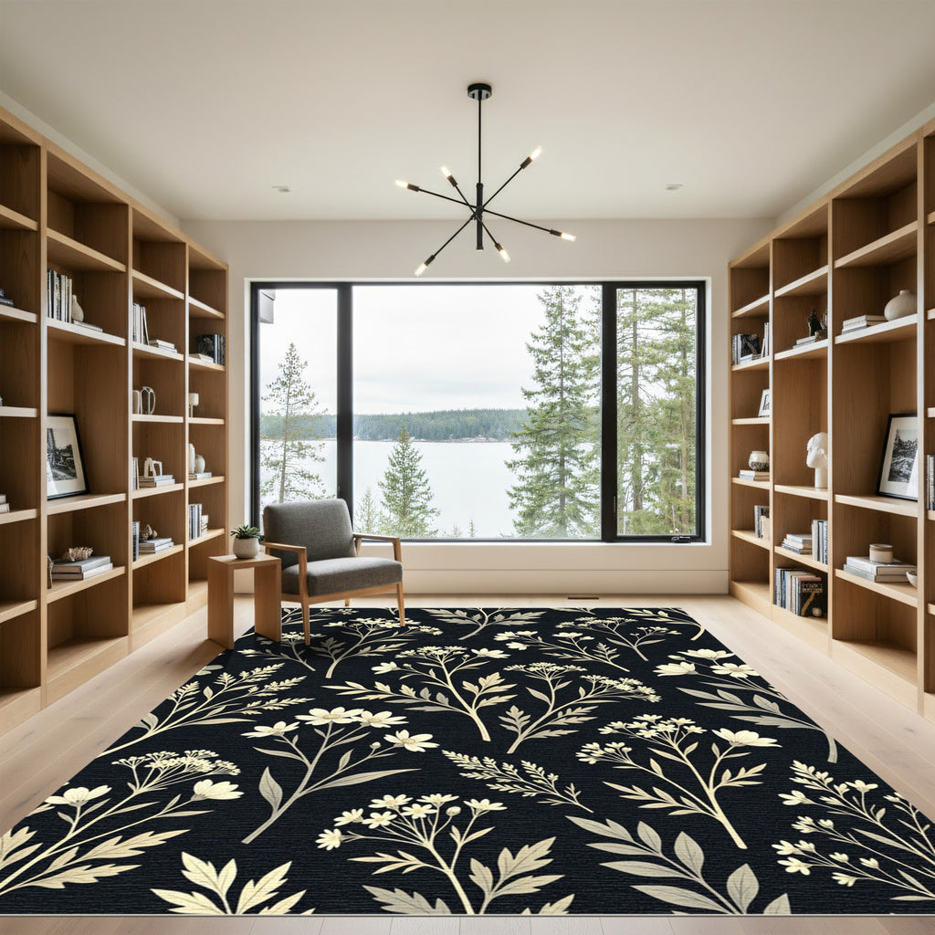 Elegant Cream Wildflower Botanical Black Background Rug