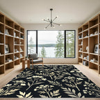 Elegant Cream Wildflower Botanical Black Background Rug